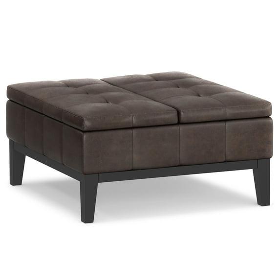 Simpli Home Dover 36"W Upholstered Square Coffee Table Storage Ottoman with Split Tufted Lift Top