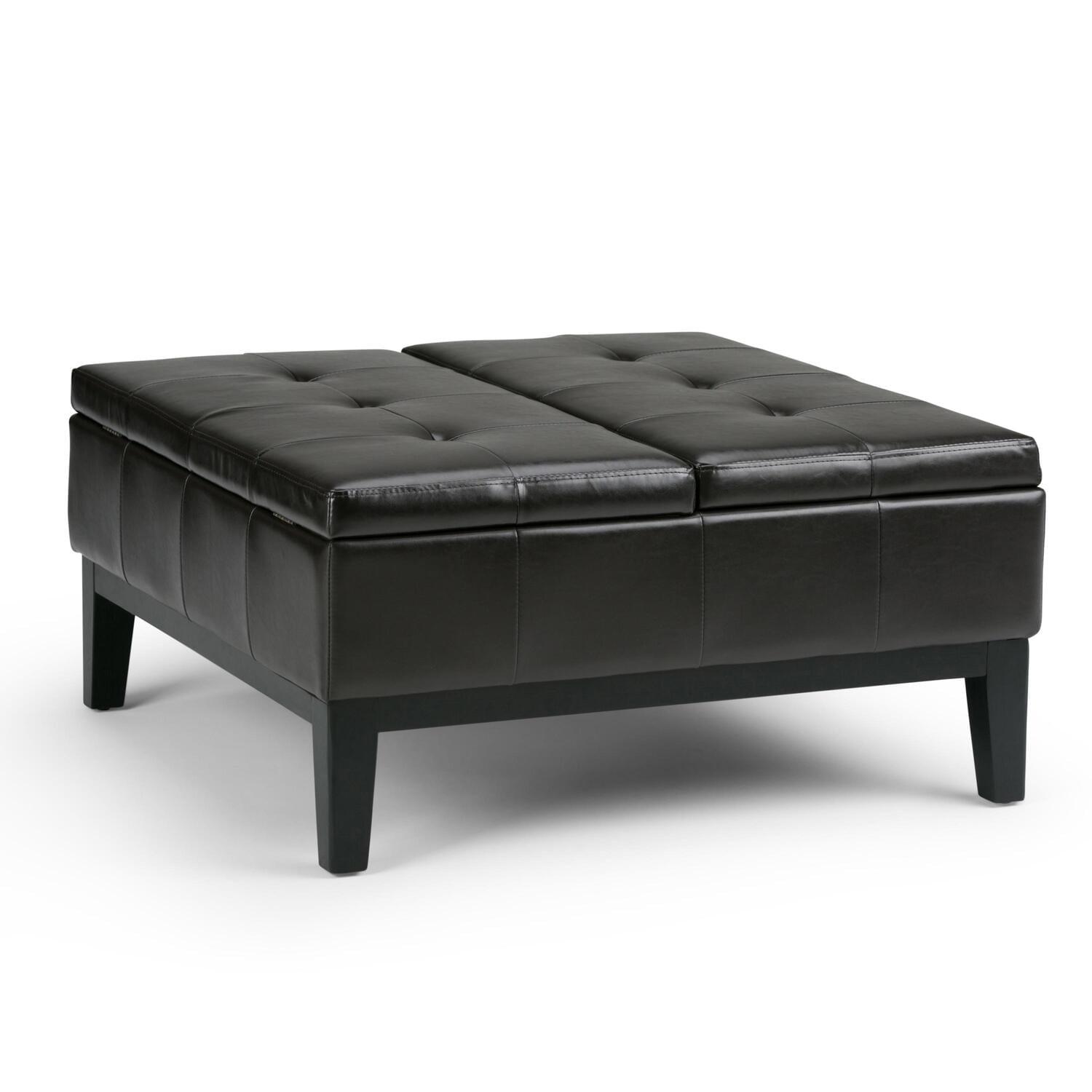Simpli Home Dover 36"W Upholstered Square Coffee Table Storage Ottoman with Split Tufted Lift Top