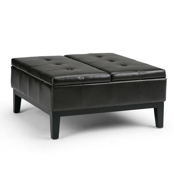 Simpli Home Dover 36"W Upholstered Square Coffee Table Storage Ottoman with Split Tufted Lift Top
