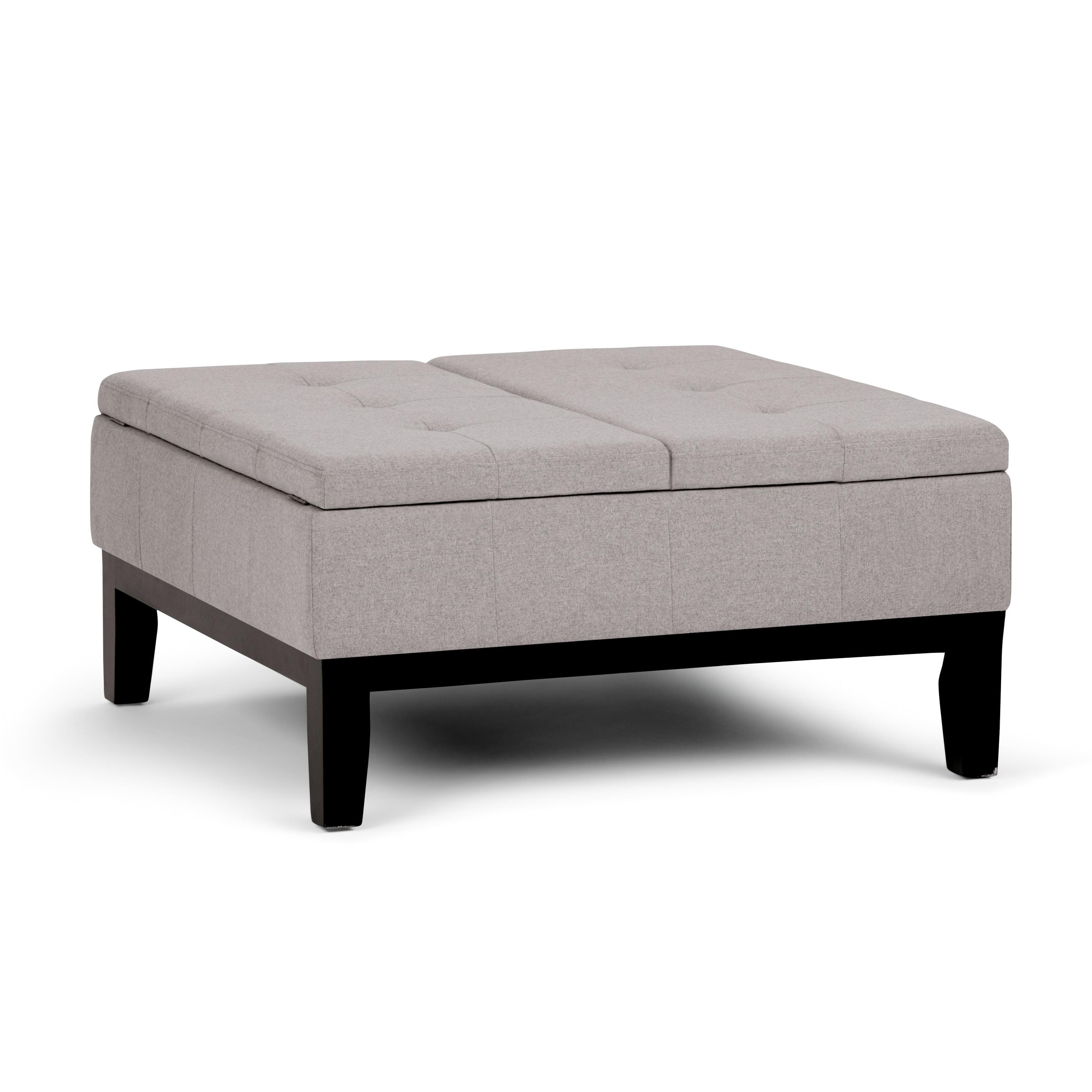 Simpli Home Dover 36"W Upholstered Square Coffee Table Storage Ottoman with Split Tufted Lift Top