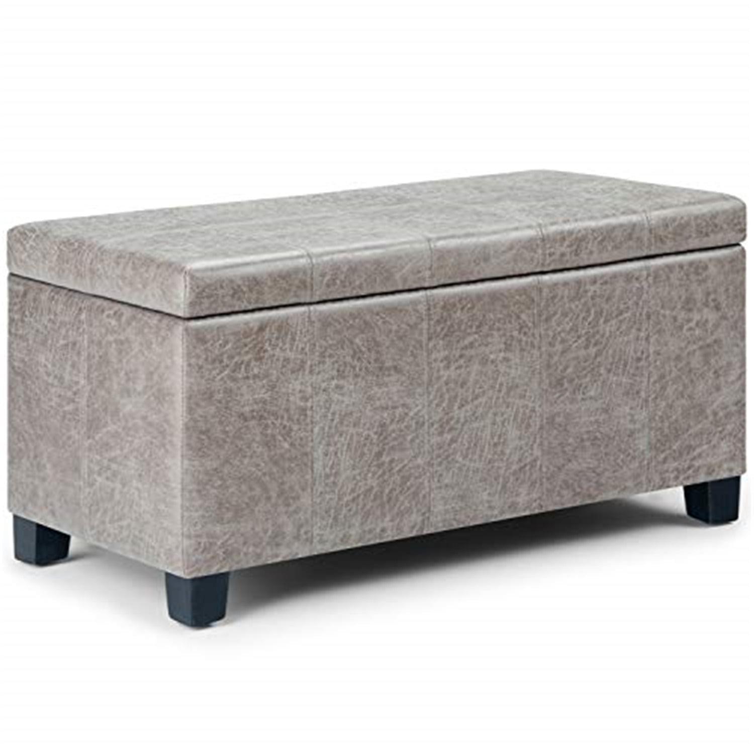 Simpli Home Dover Faux Leather Storage Ottoman Bench in Gray Taupe
