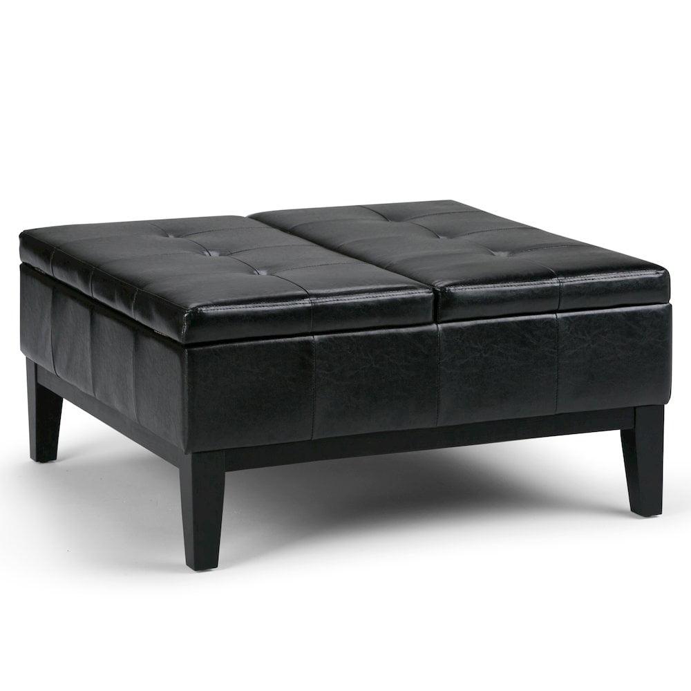 Simpli Home Dover Faux Leather Coffee Table Storage Ottoman in Black