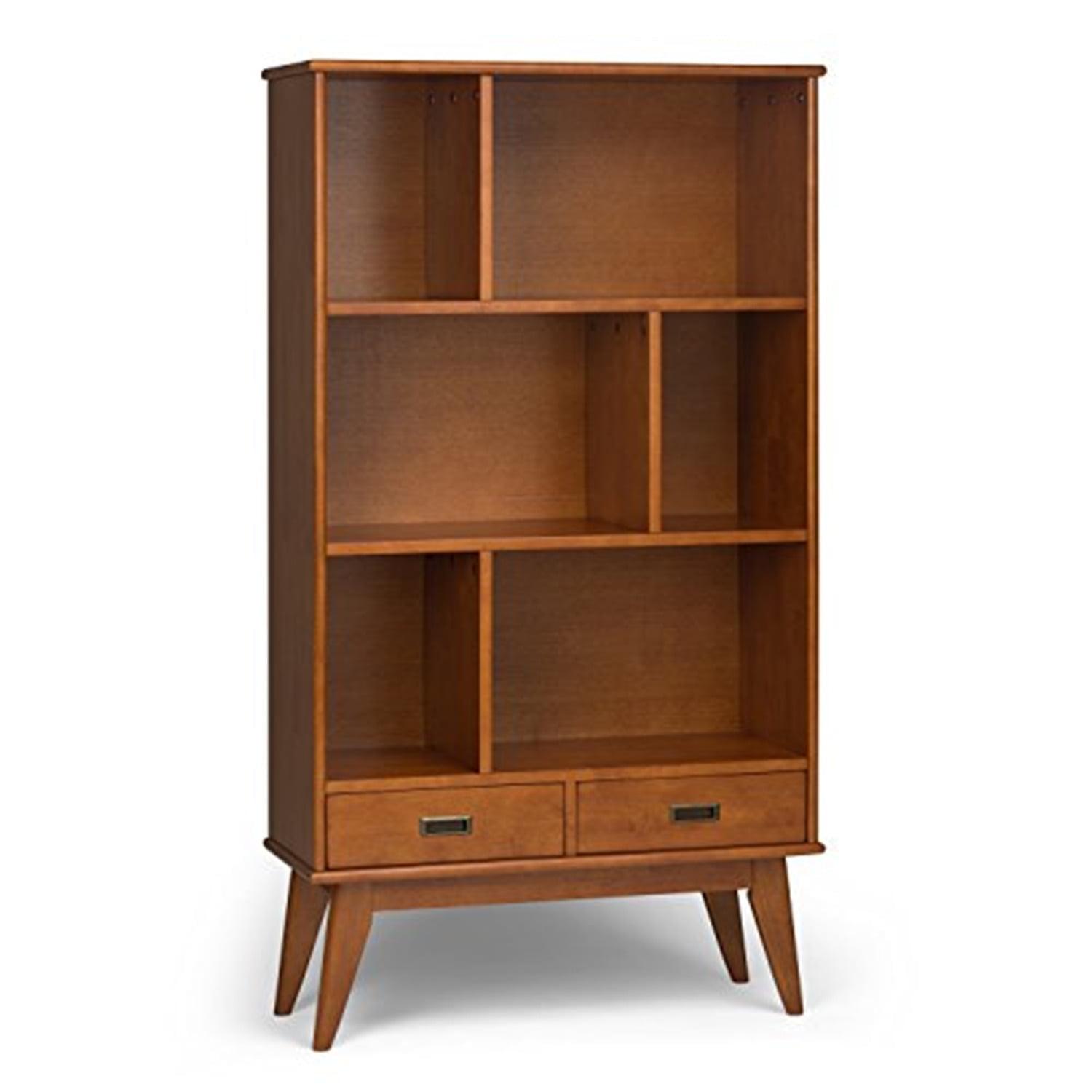 Simpli Home Draper 35"W Solid Hardwood 6 Shelf Compartment Mid-Century Modern Wide Bookcase with 2 Drawers