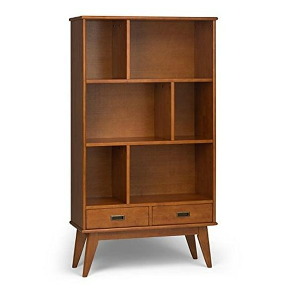 Simpli Home Draper 35"W Solid Hardwood 6 Shelf Compartment Mid-Century Modern Wide Bookcase with 2 Drawers