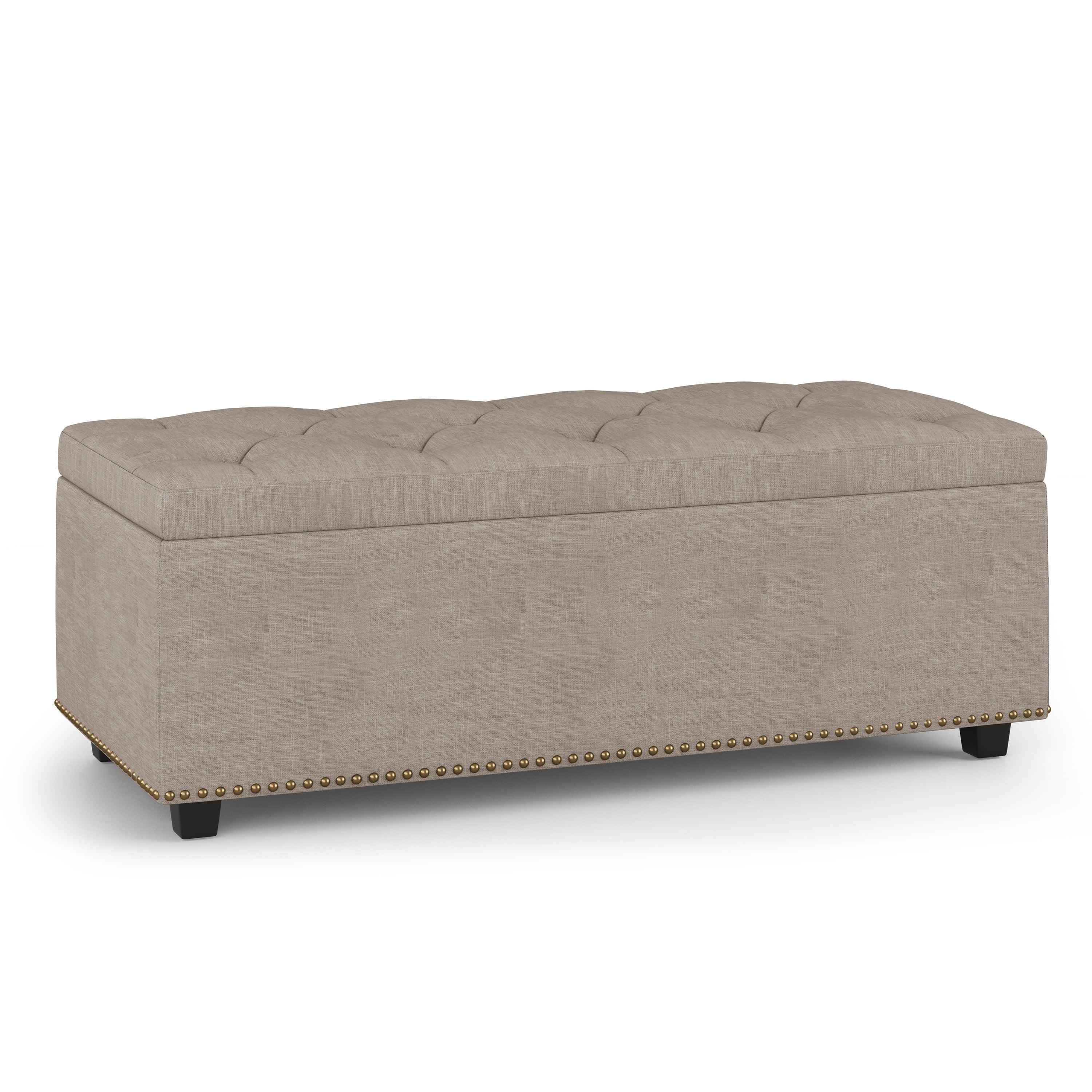 Contemporary White Linen Tufted Lift-Top Footstool Ottoman