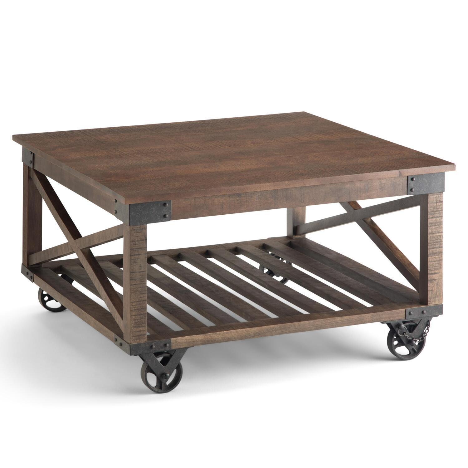 Harding Distressed Dark Brown Solid Mango Wood Square Coffee Table with Iron Wheels