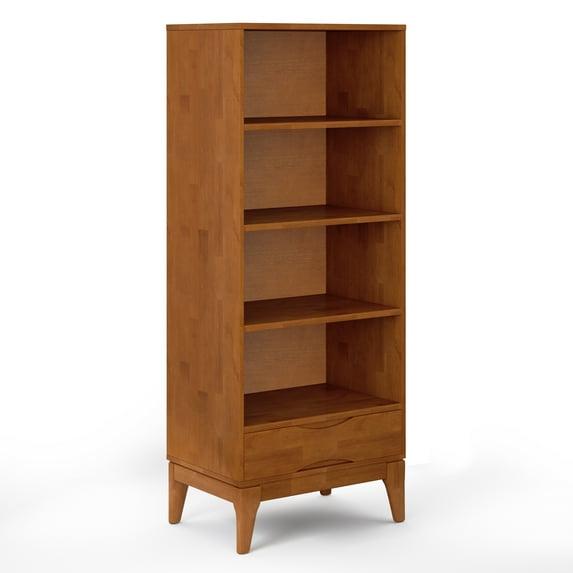 Simpli Home Harper 24"W Solid Hardwood 4 Shelf Mid-Century Modern Bookcase with Drawer and Adjustable Shelves