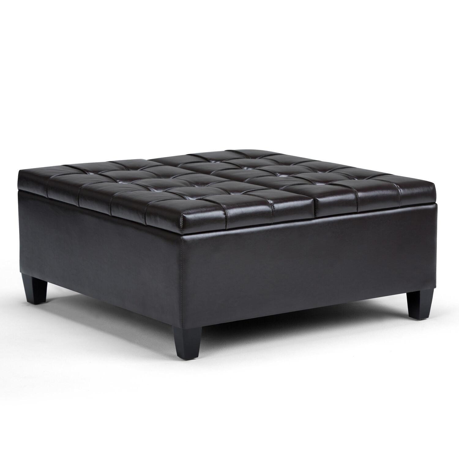 Simpli Home Harrison 36"W Upholstered Square Coffee Table Storage Ottoman with Split Lift Top