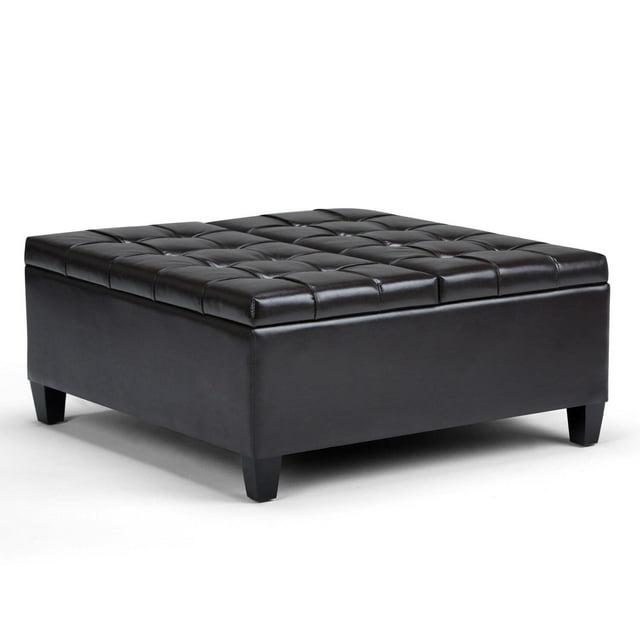 Simpli Home Harrison 36"W Upholstered Square Coffee Table Storage Ottoman with Split Lift Top