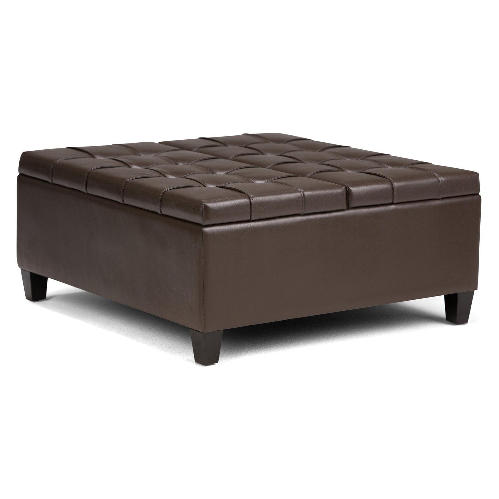 Simpli Home Harrison 36"W Upholstered Square Coffee Table Storage Ottoman with Split Lift Top