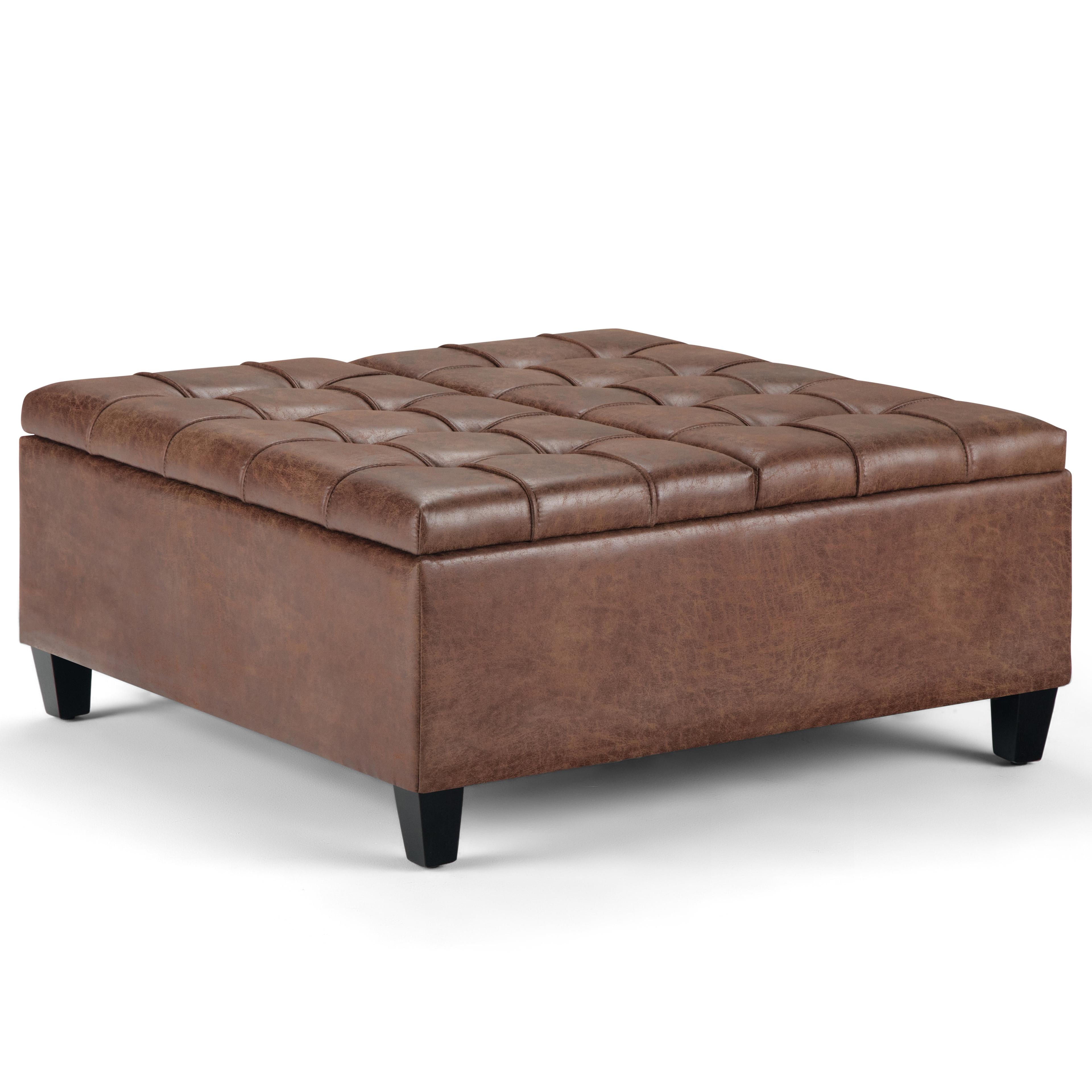 Harrison Distressed Umber Brown Faux Leather Tufted Cocktail Ottoman