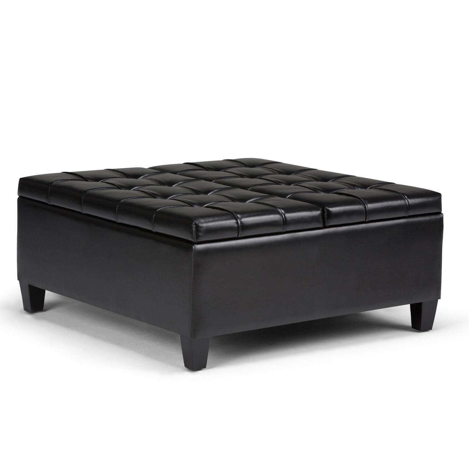 Simpli Home Harrison Coffee Table Storage Ottoman In Midnight Black Vegan Faux Leather