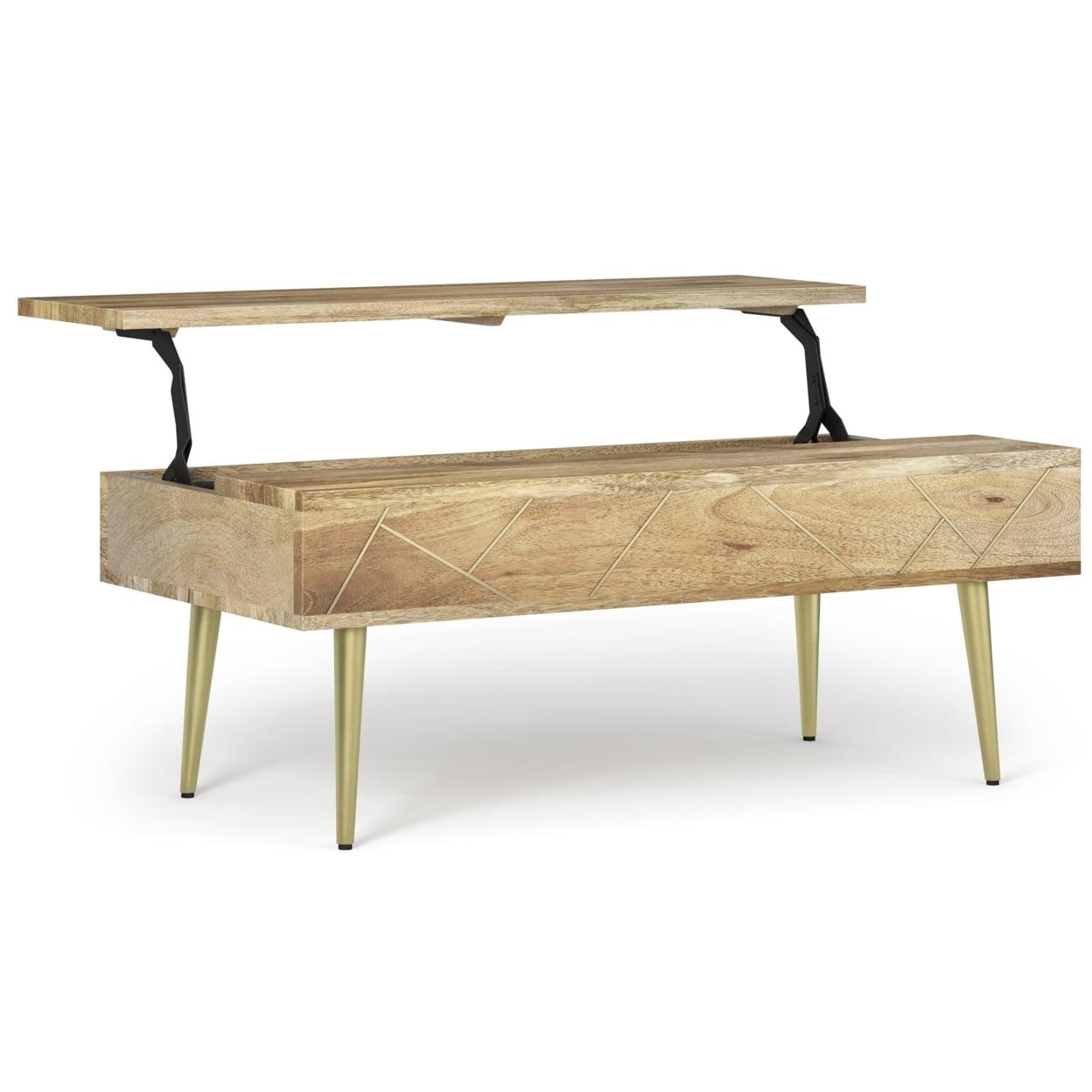 Rectangular Mango Wood Lift-Top Coffee Table with Brass Inlay