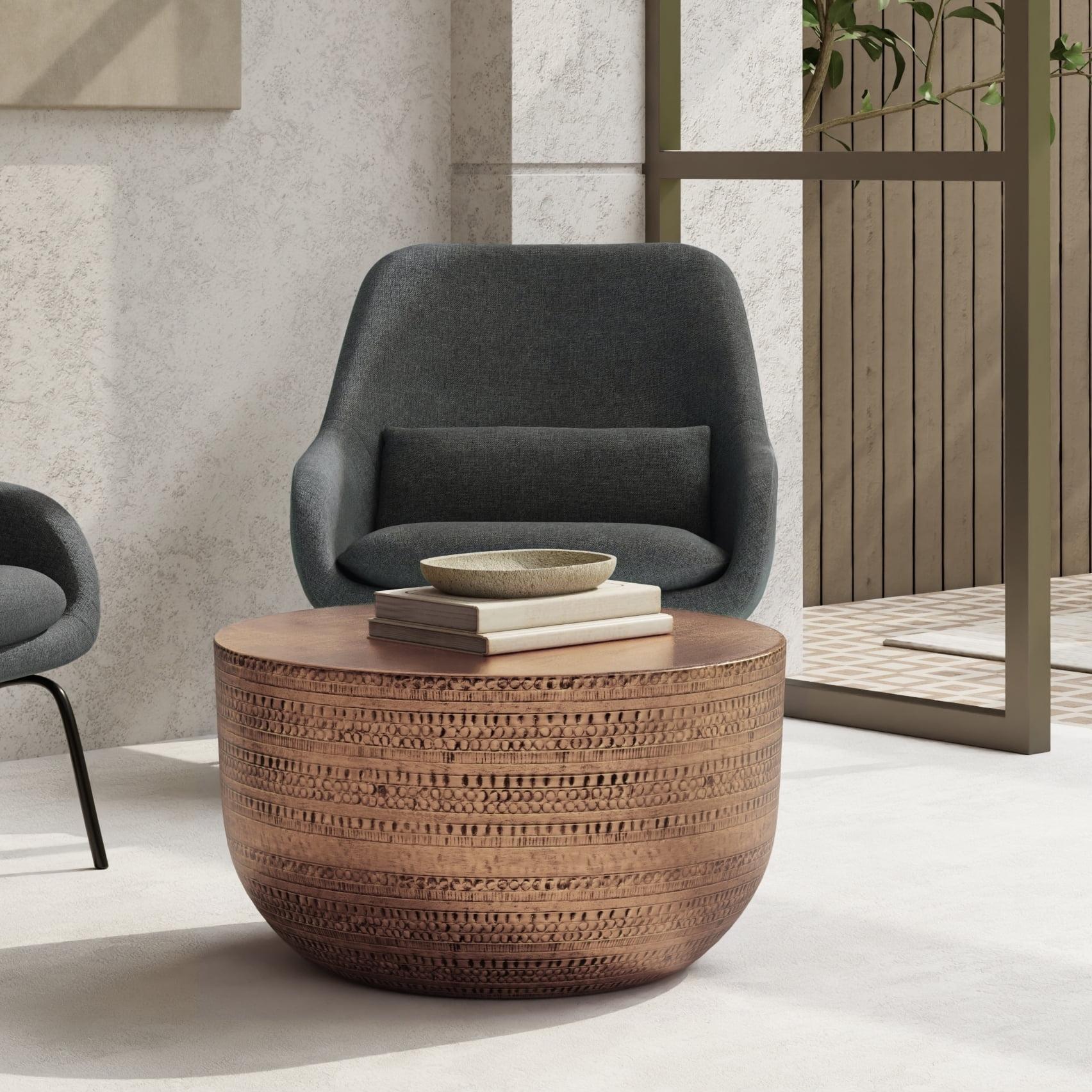 Simpli Home Johnsen 30"W Metal Boho Modern Round Coffee Table with Textured Detail, Assembled