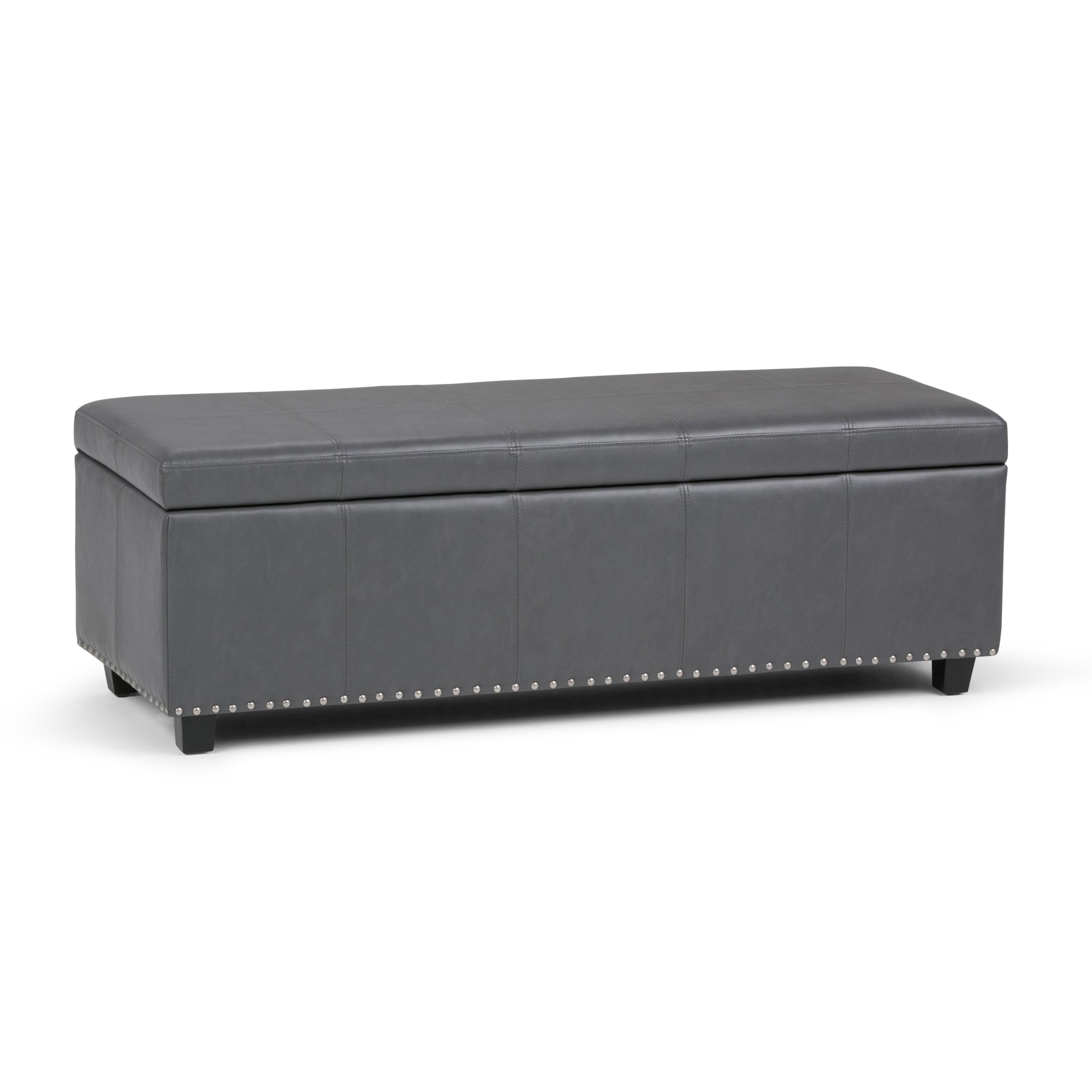 Simpli Home Kingsley Faux Leather Storage Bench in Stone Gray