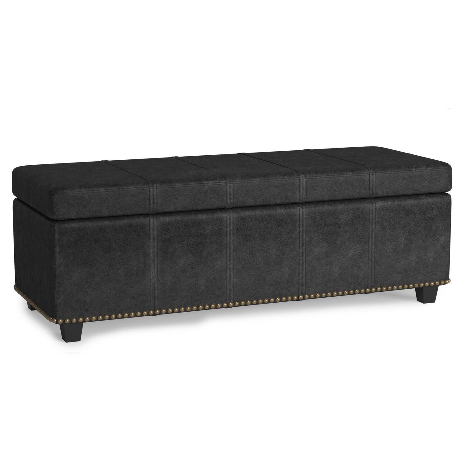 Transitional Distressed Black Tufted Large Storage Footstool