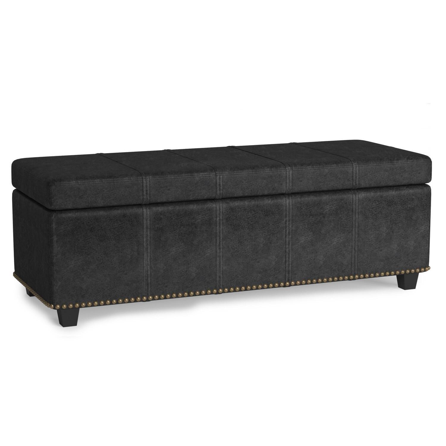 Simpli Home Kingsley 48"W Upholstered Storage Ottoman with Lift-Top Lid, Nailhead Trim, and Stitching Detail