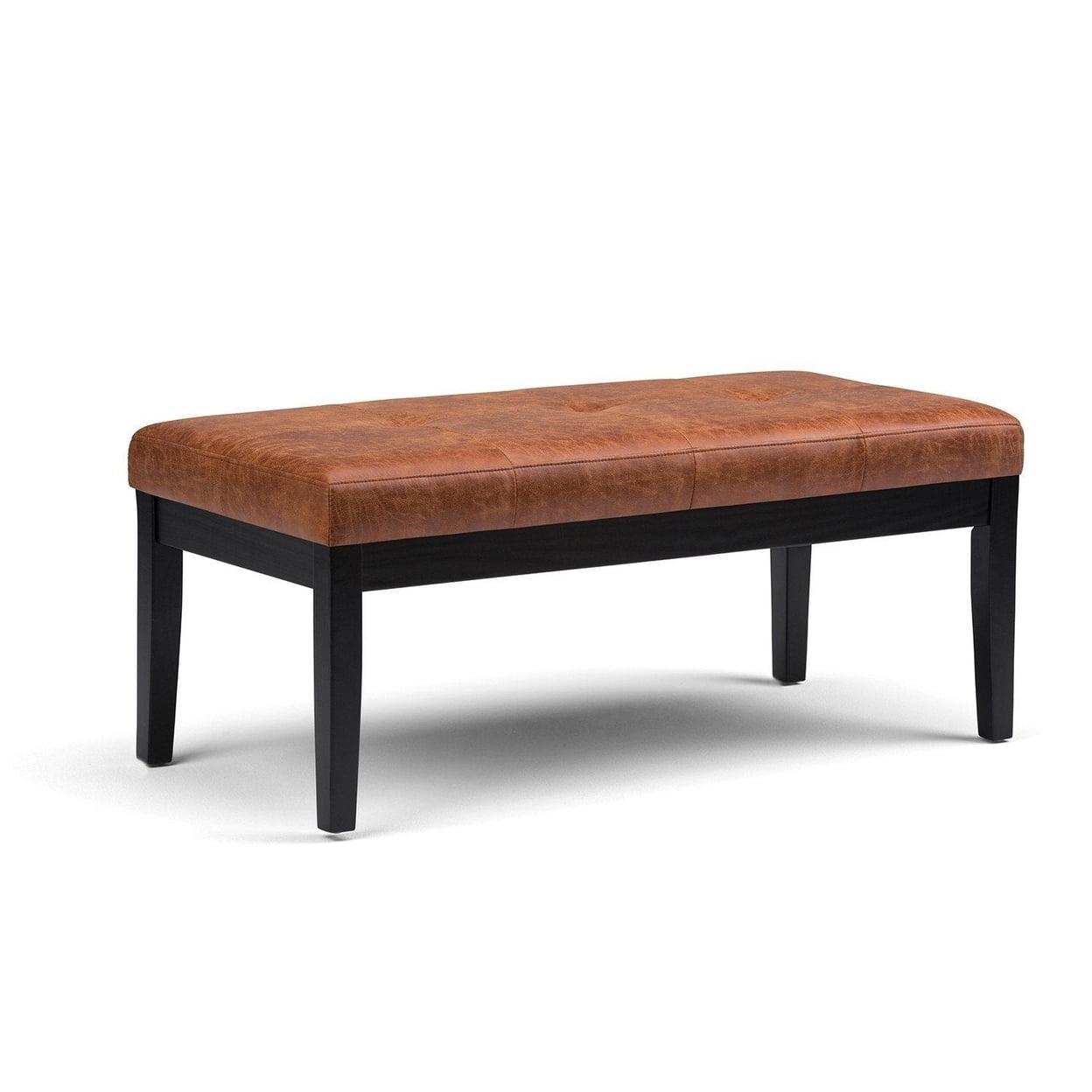 Simpli Home Lacey Faux Leather Tufted Ottoman Bench in Distressed Saddle Brown