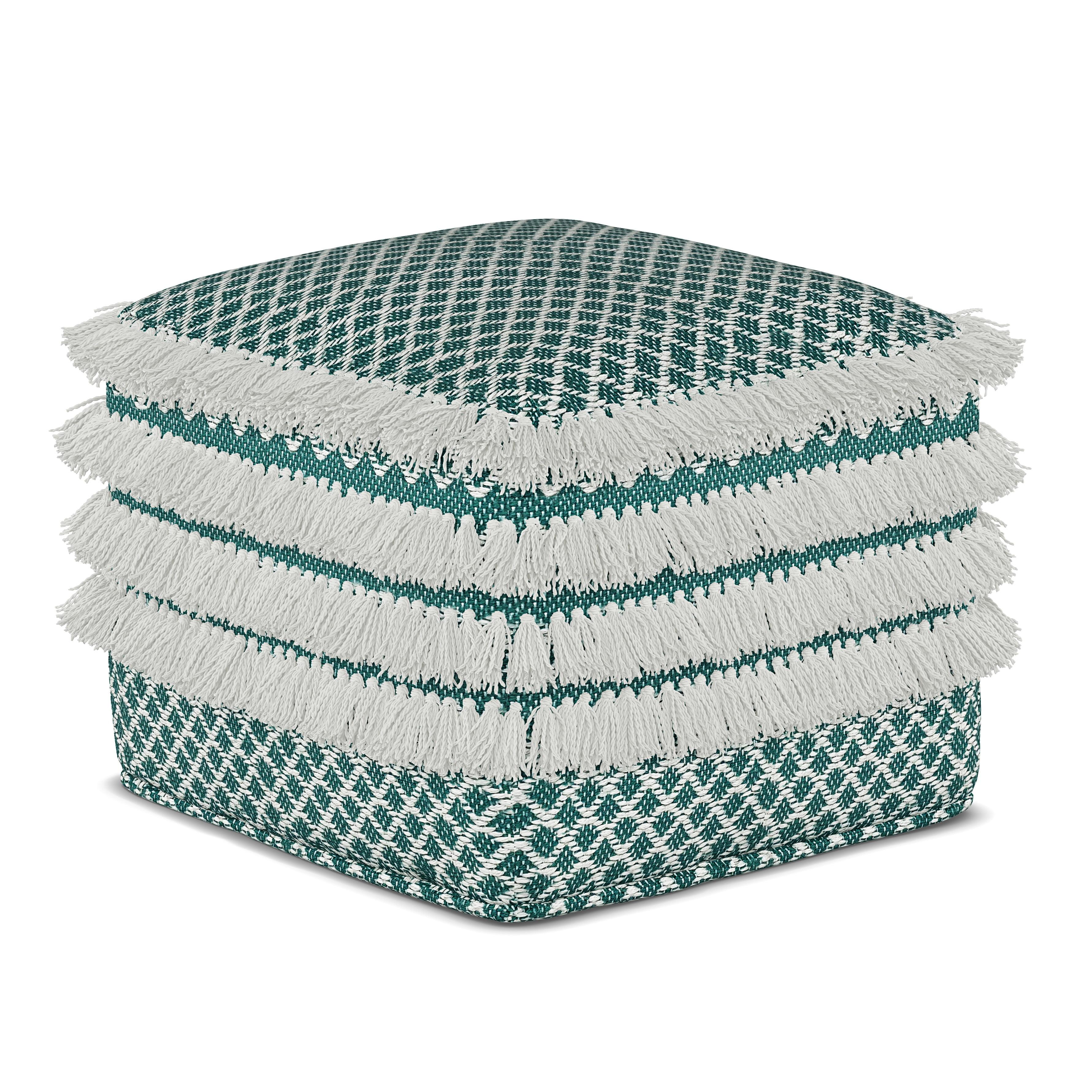 Turquoise and White Boho Woven Square Pouf