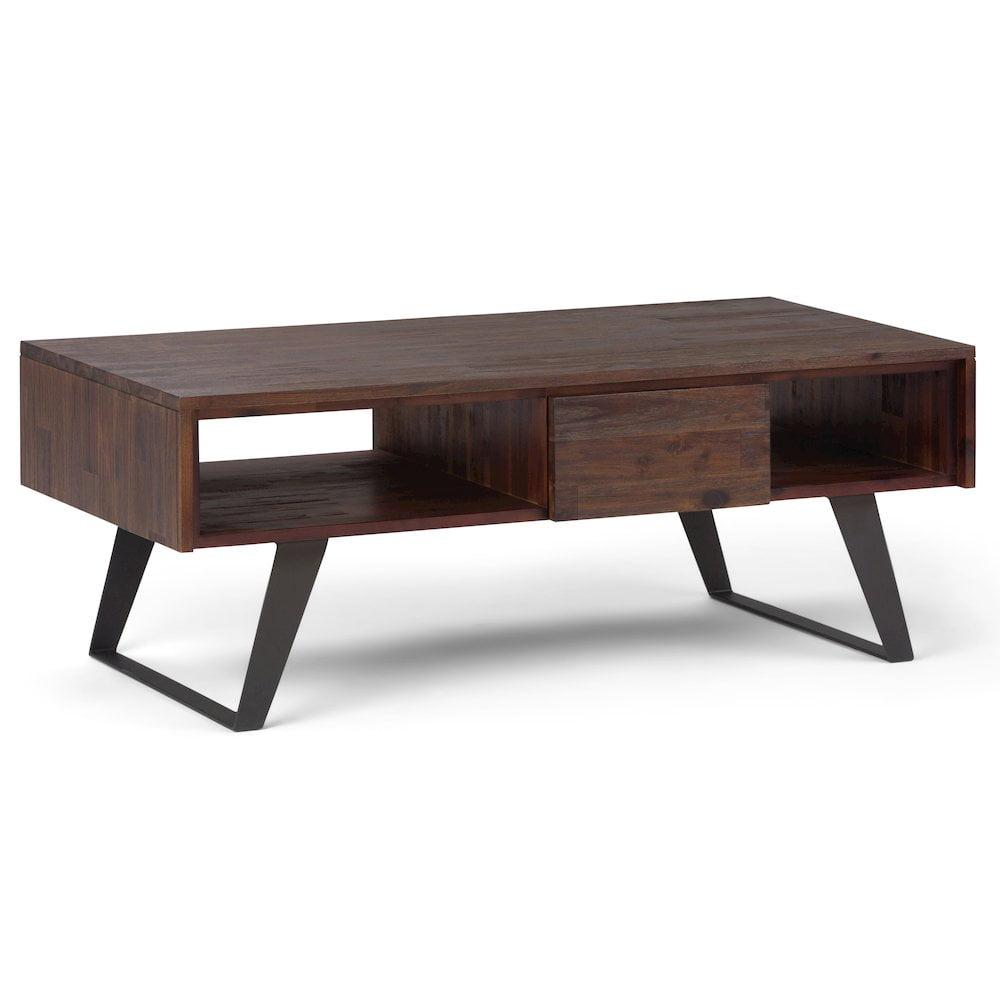 Distressed Charcoal Brown Acacia Wood and Metal Coffee Table with Storage