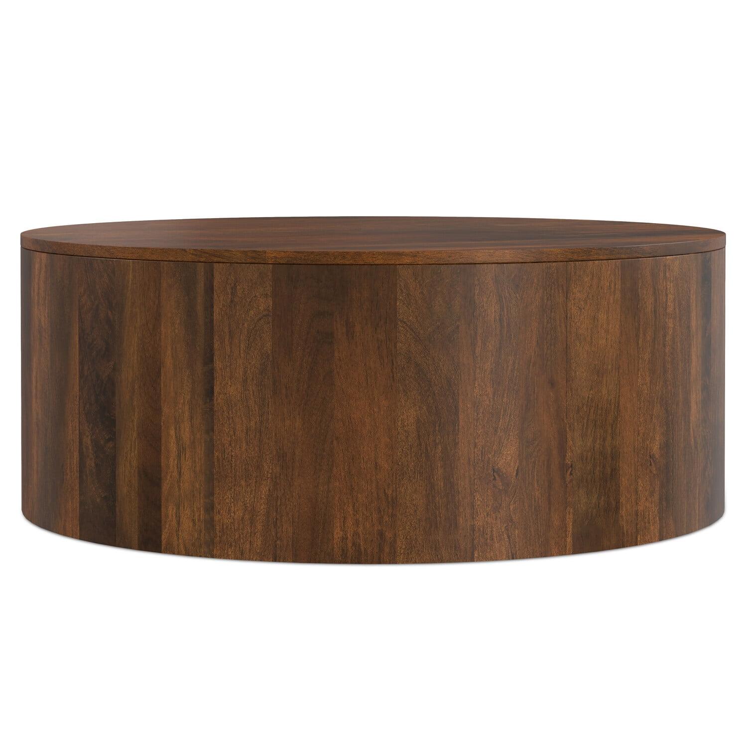 Millbury SOLID MANGO WOOD 36 inch Wide Round Contemporary Drum Coffee Table in Walnut Brown, Fully Assembled