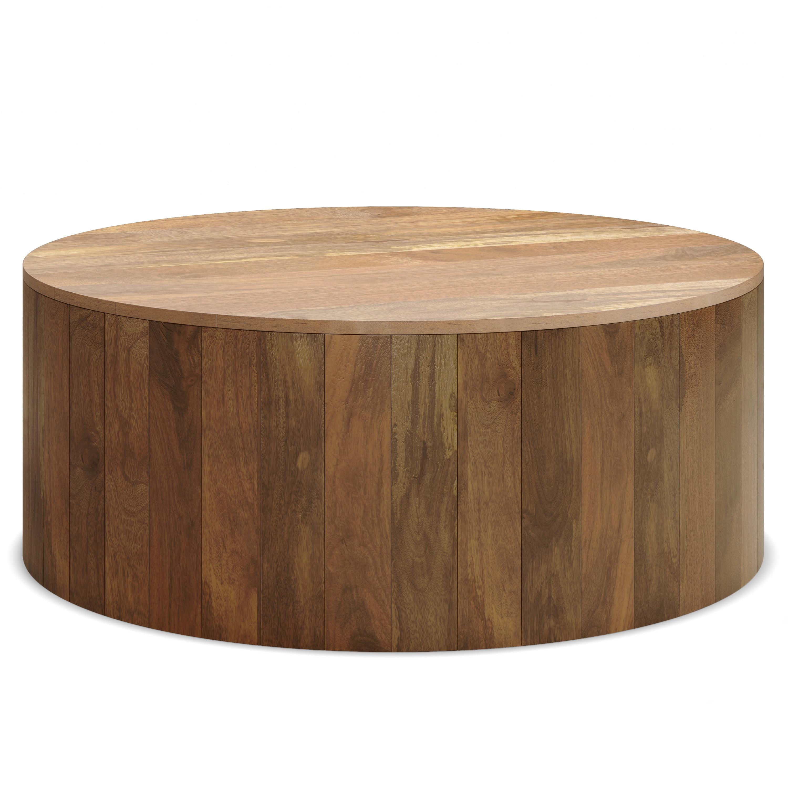 Simpli Home Millbury 36"W Solid Mango Wood Contemporary Round Drum Coffee Table, Fully Assembled