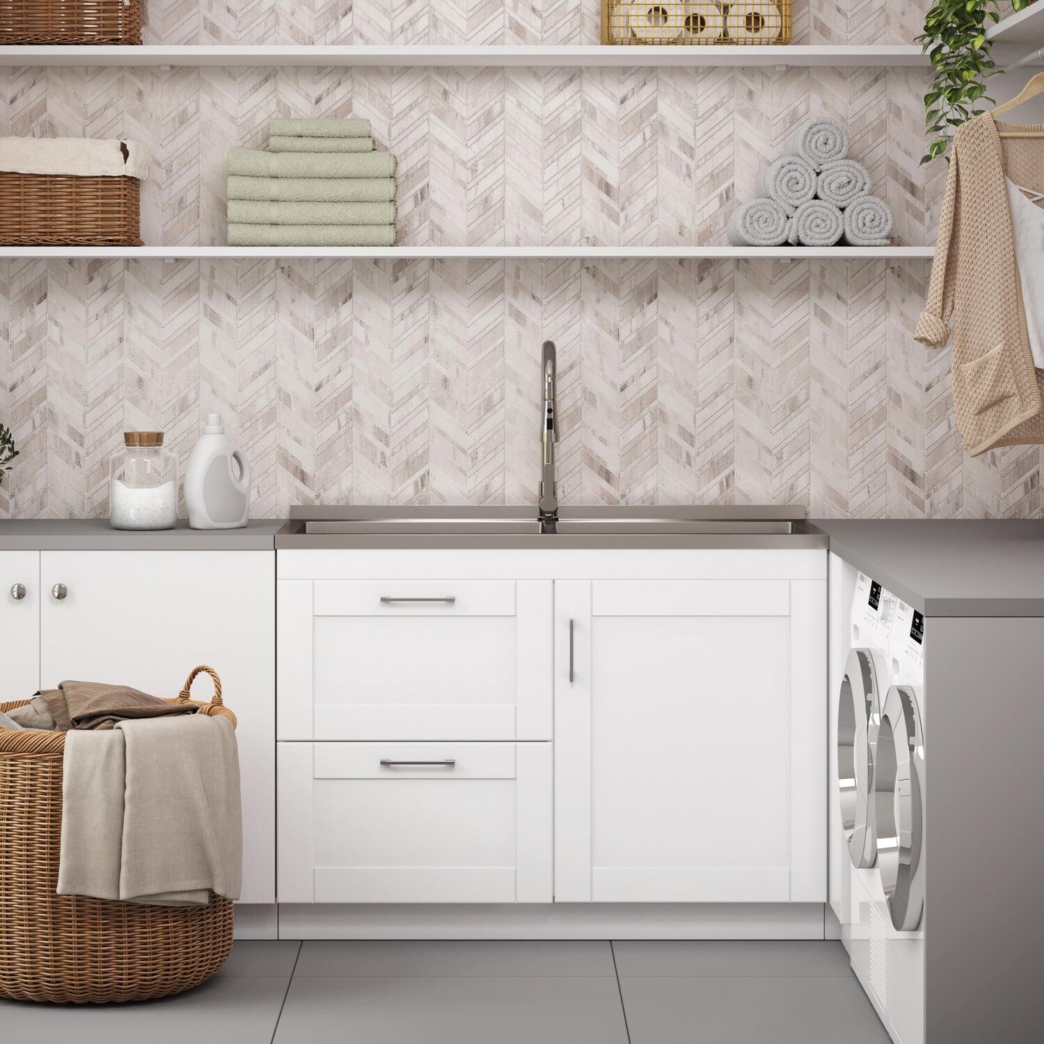 White 46 Inch Shaker Laundry Cabinet with Stainless Steel Sink