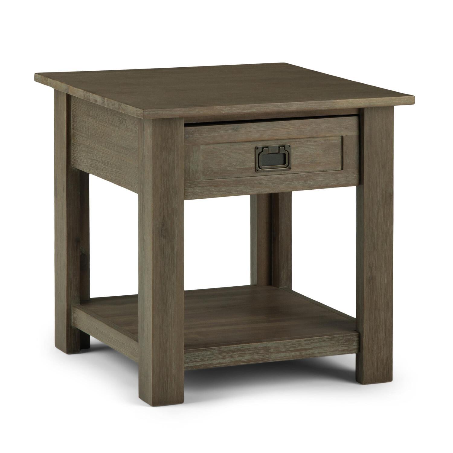 Monroe Solid Acacia Wood Square End Table in Distressed Grey with Storage