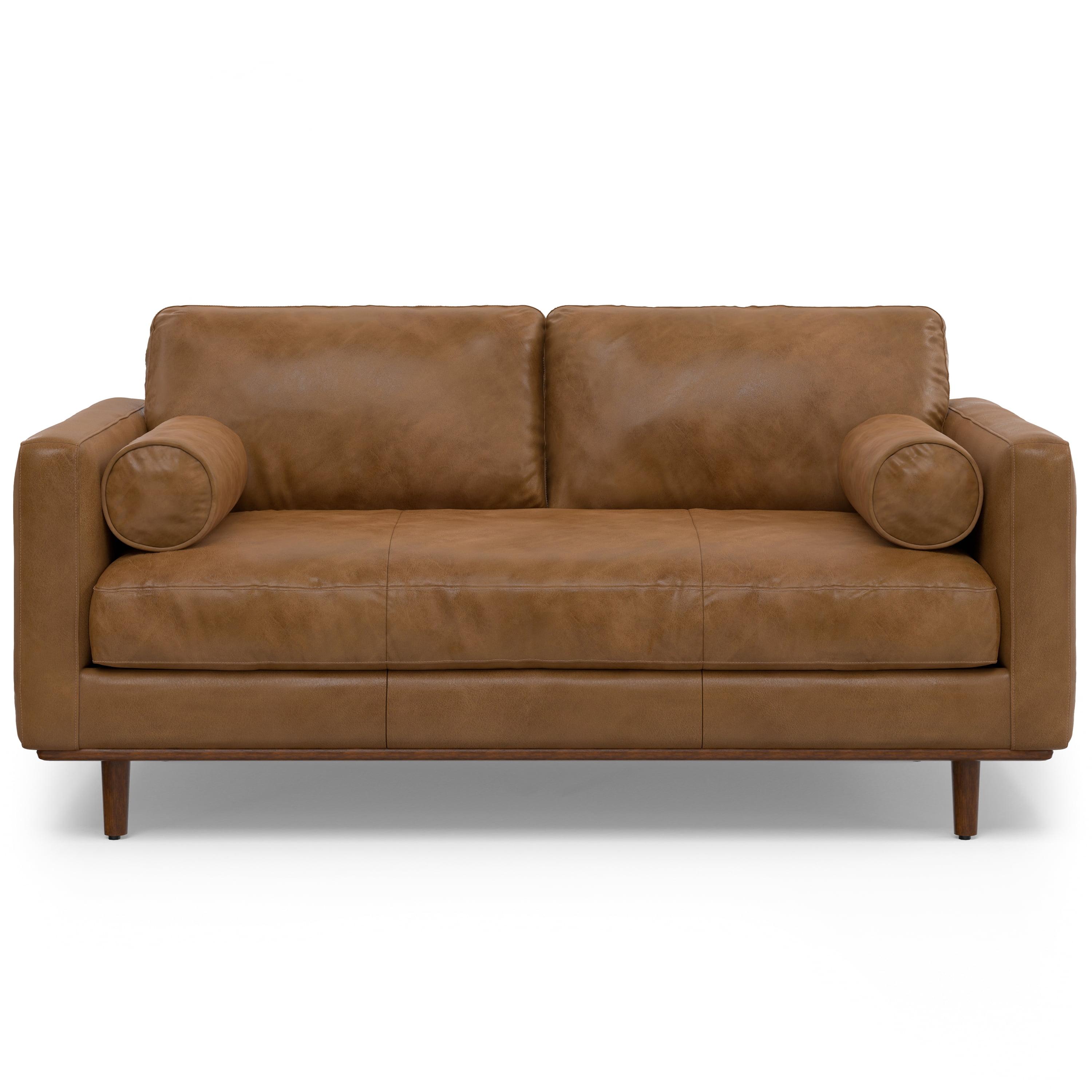 Simpli Home Morrison Mid-Century Modern 72 inch Wide Sofa in Caramel Brown Genuine Leather