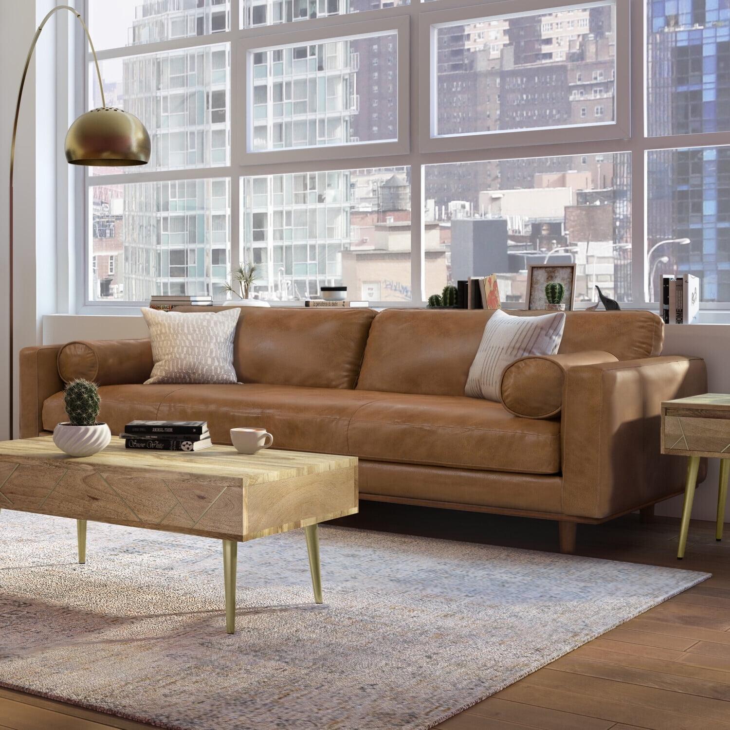 Simpli Home Morrison Genuine Leather Sofa, Mid-Century Modern Couch for Living Room, Handcrafted with Removable Cushions