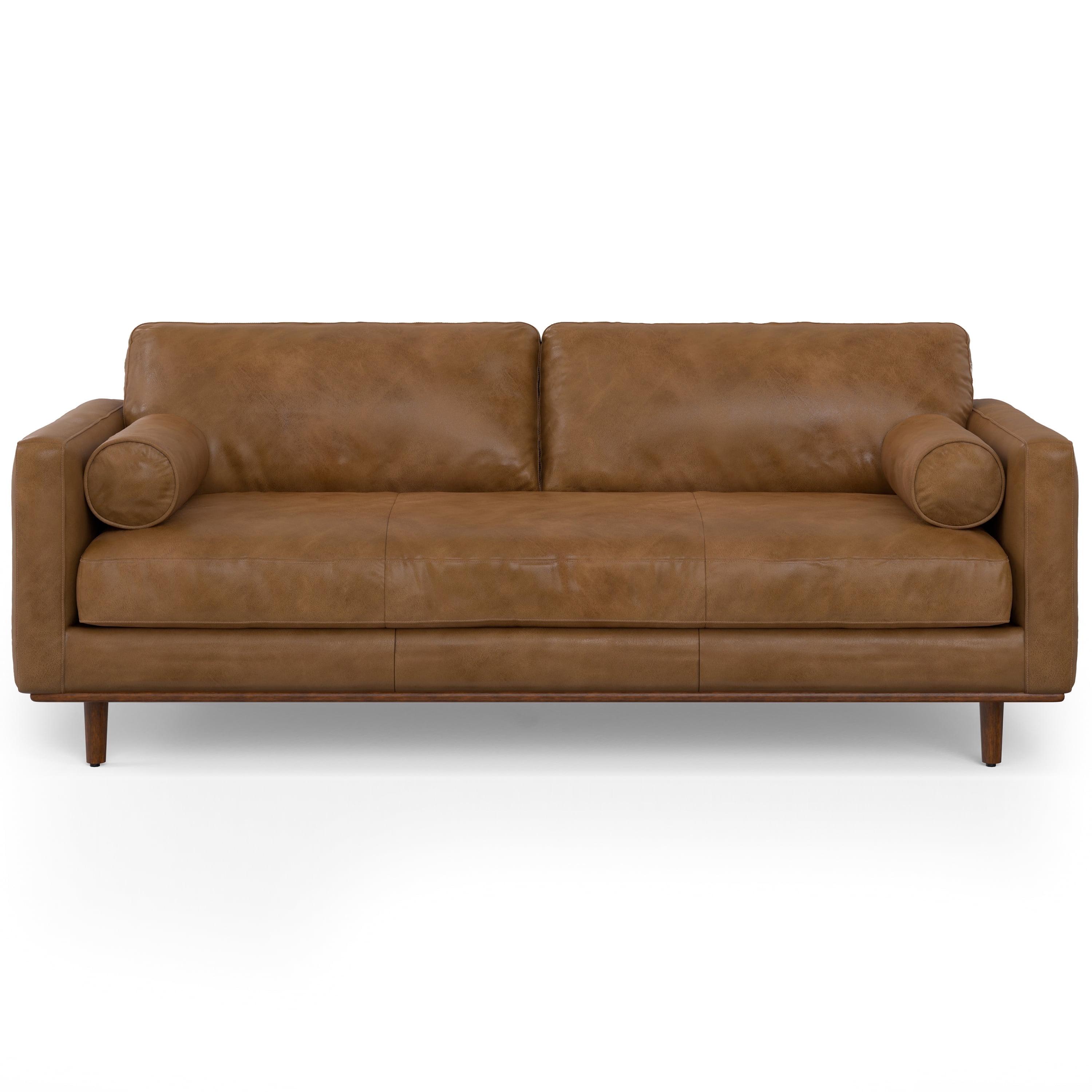 Simpli Home Morrison Genuine Leather Sofa, Mid-Century Modern Couch for Living Room, Handcrafted with Removable Cushions