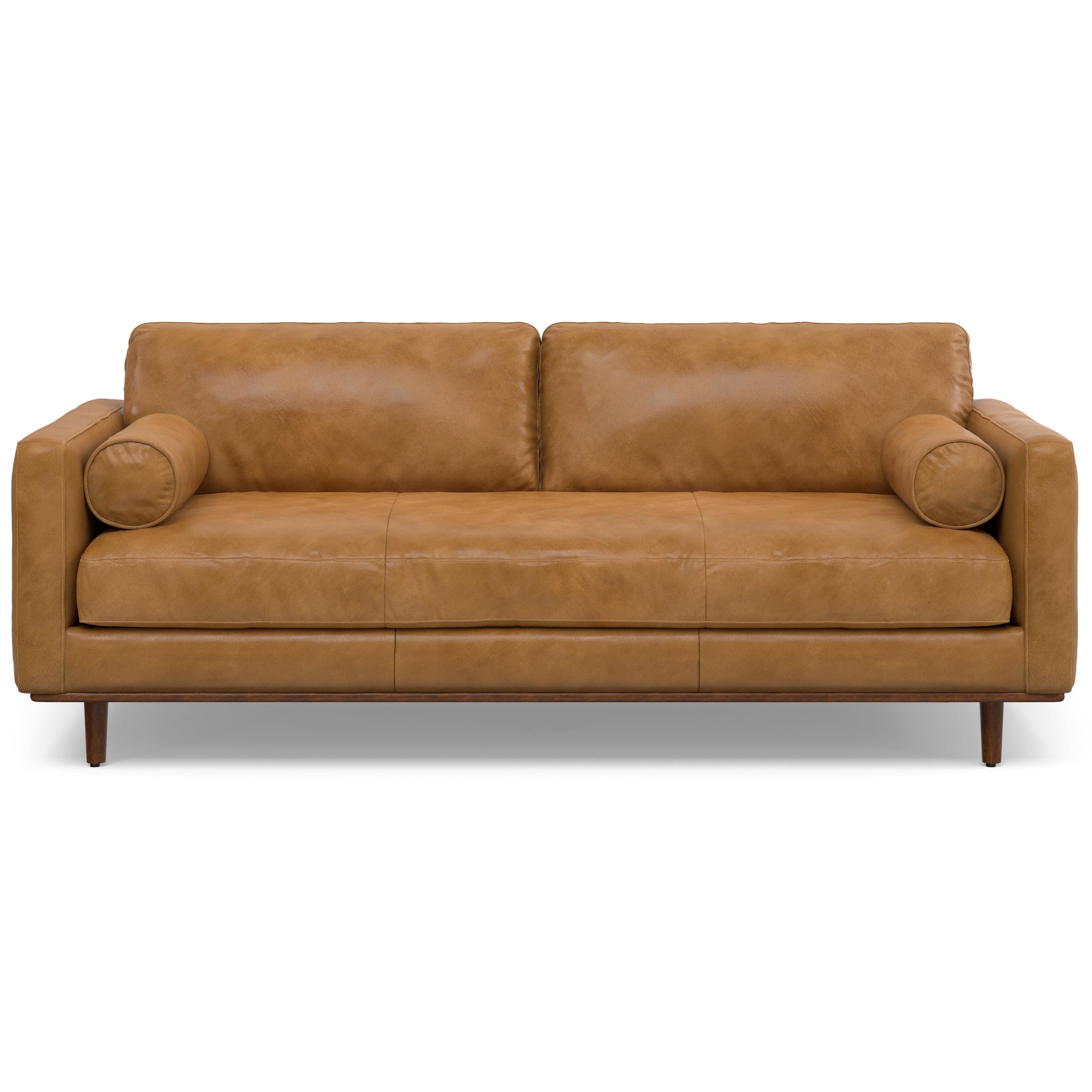 Simpli Home Morrison Genuine Leather Sofa, Mid-Century Modern Couch for Living Room, Handcrafted with Removable Cushions