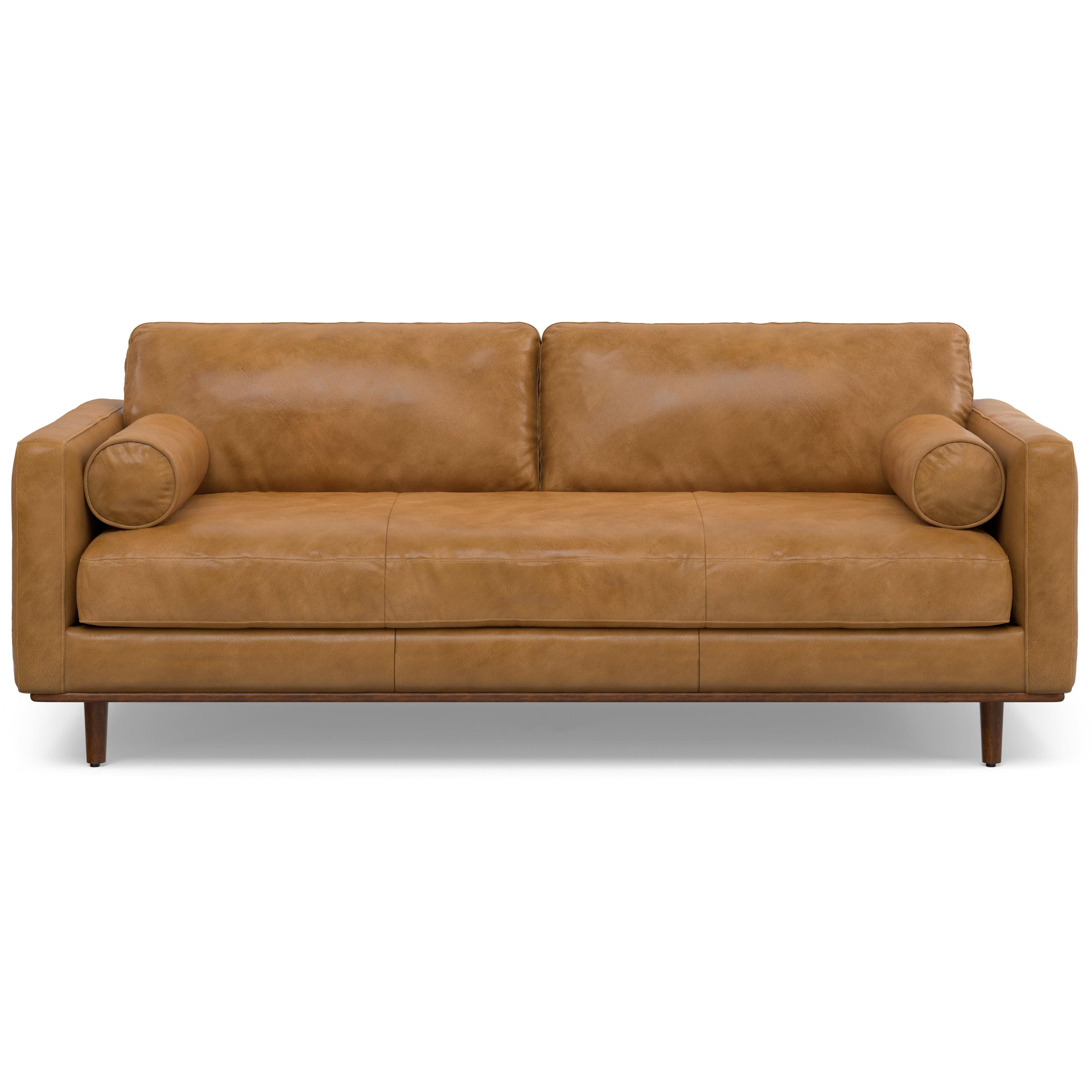 Simpli Home Morrison Genuine Leather Sofa, Mid-Century Modern Couch for Living Room, Handcrafted with Removable Cushions