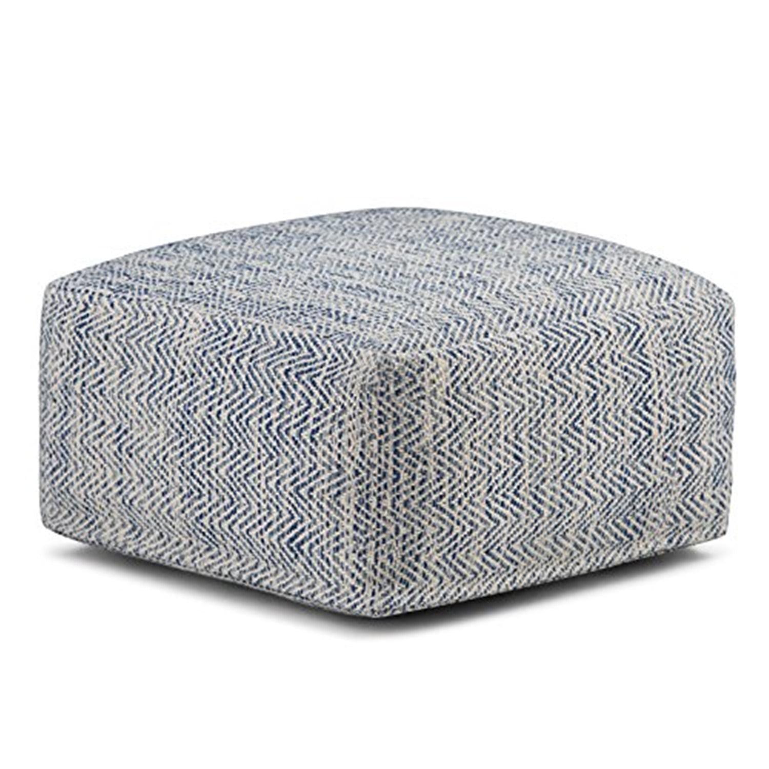 Simpli Home Nate Square Pouf in Patterned Denim Melange Cotton