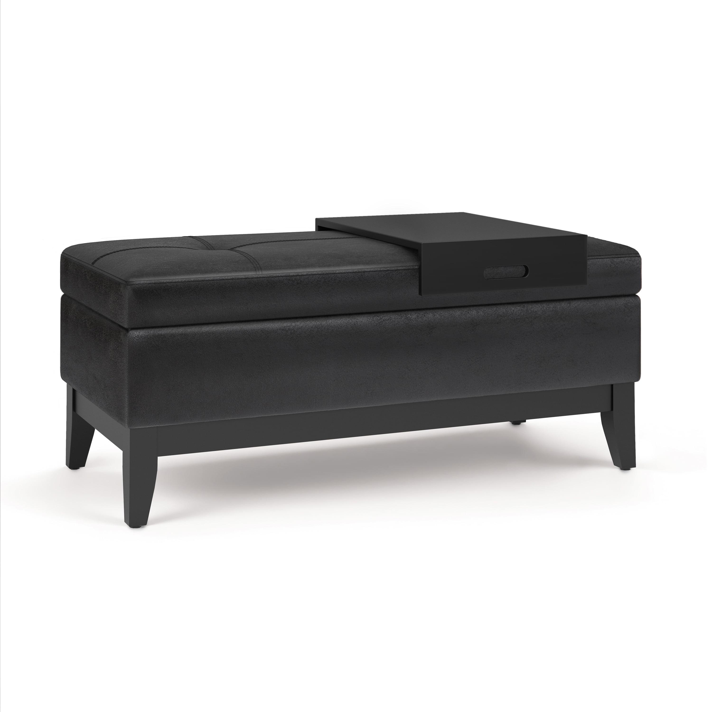 Distressed Black Tufted Footstool Ottoman with Sturdy Tray
