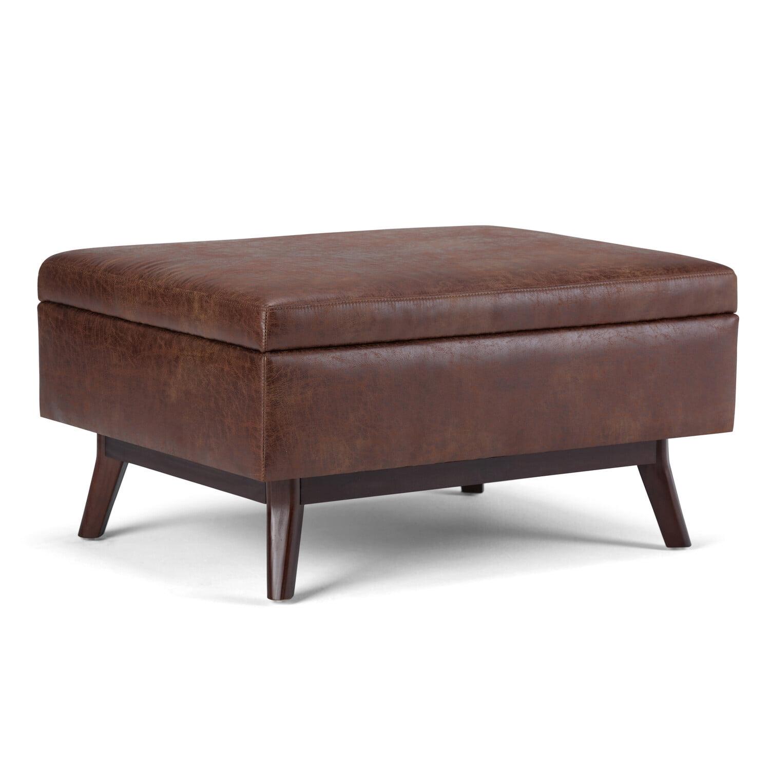 Distressed Saddle Brown Wood Storage Ottoman with Hydraulic Lift