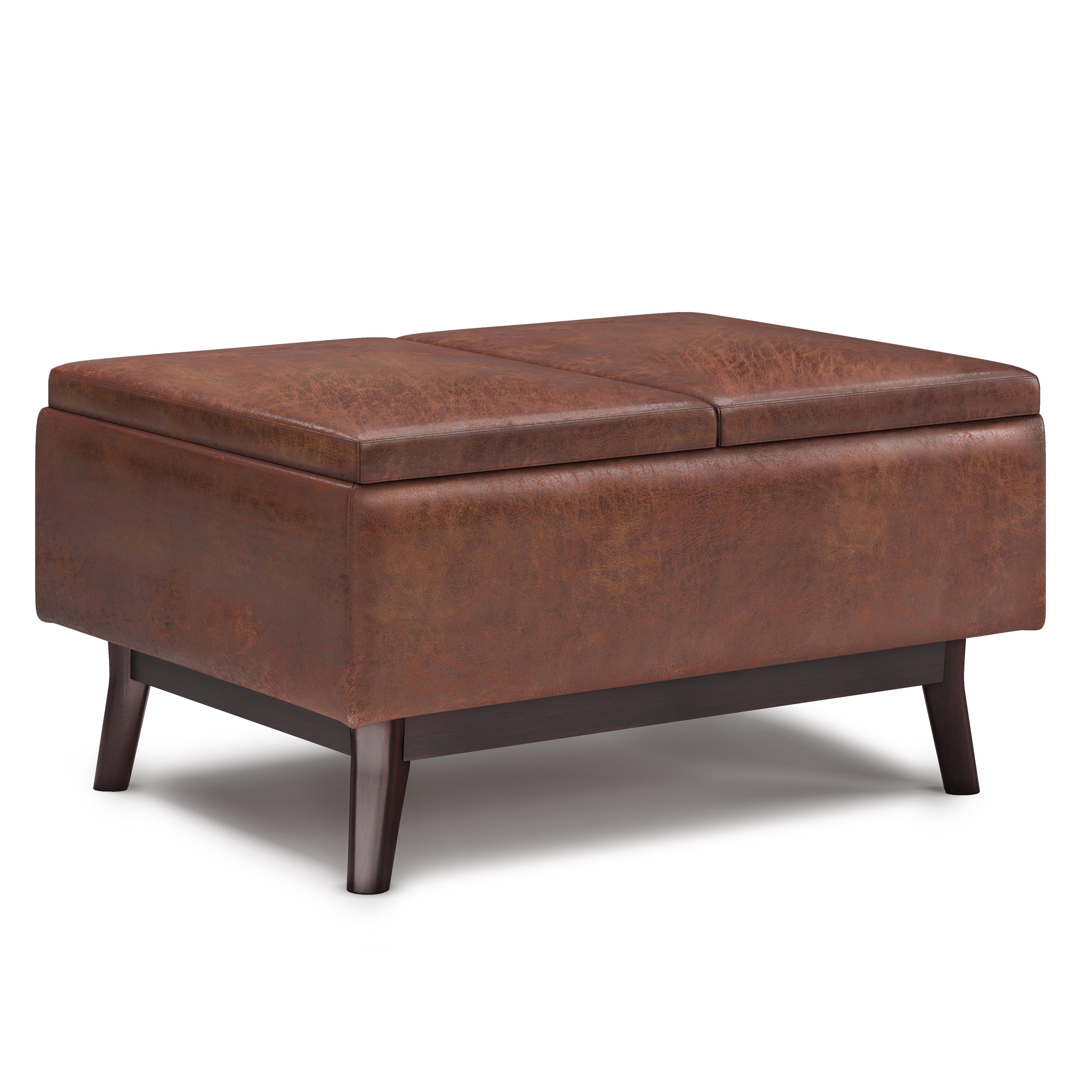 Simpli Home Owen 34"W Small Upholstered Coffee Table Storage Ottoman with Flip-Over Tray Top and Solid Wood Legs
