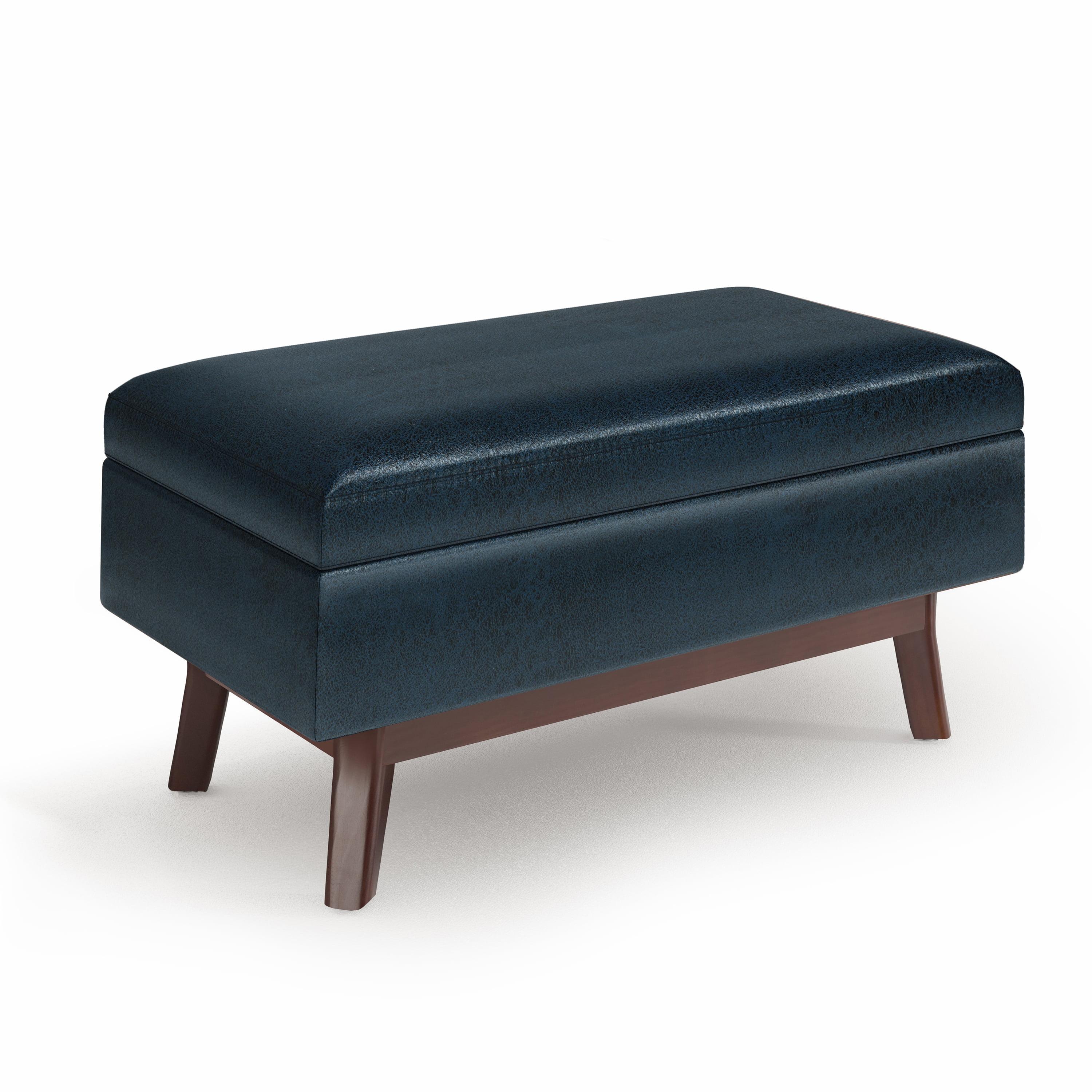 Owen 36" Wd. Mid Century Storage Ottoman in Distressed Dark Blue Faux Leather