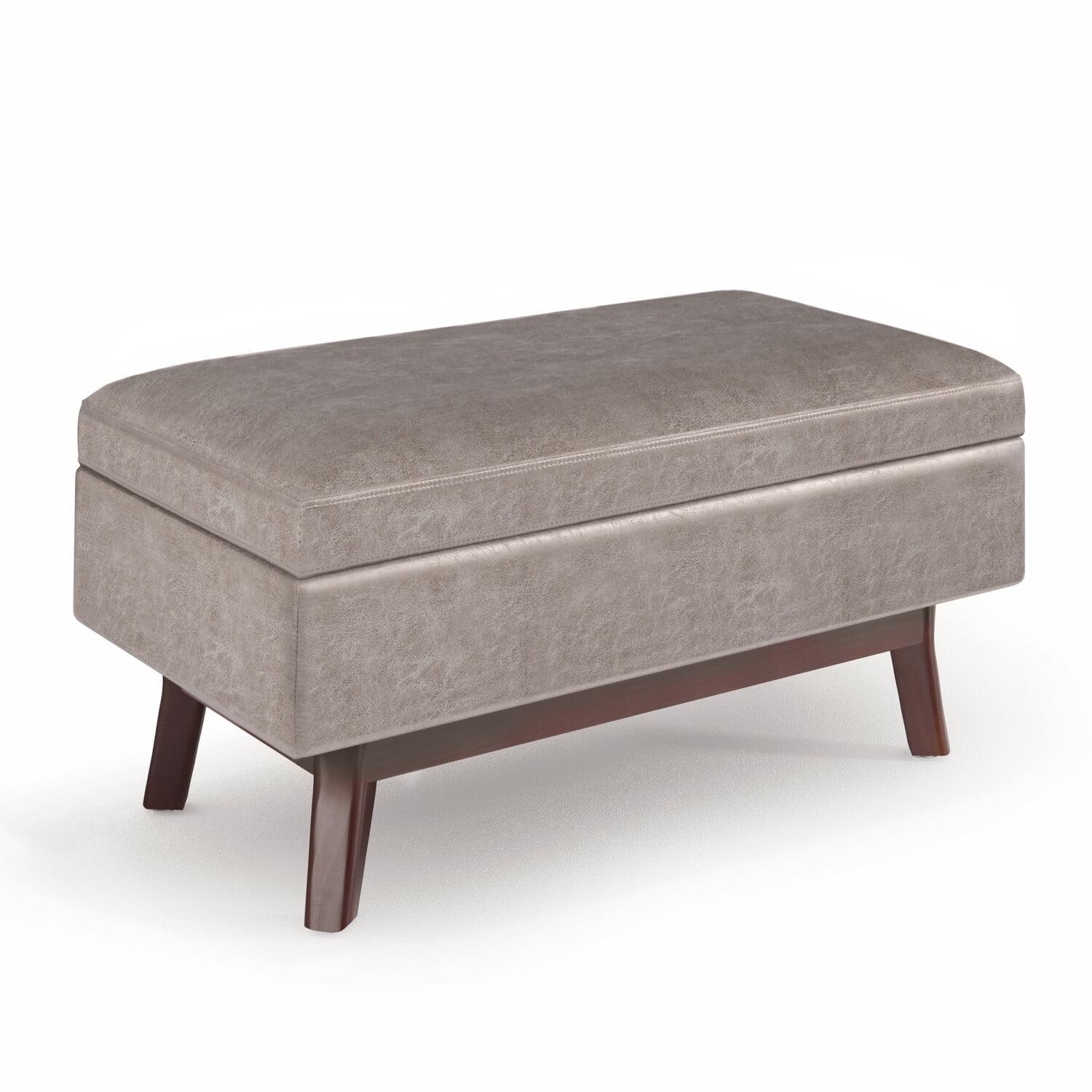 Simpli Home Owen 36 inch Wide Mid Century Modern Rectangle Small Rectangular Storage Ottoman in Distressed Grey Taupe Faux Air Leather