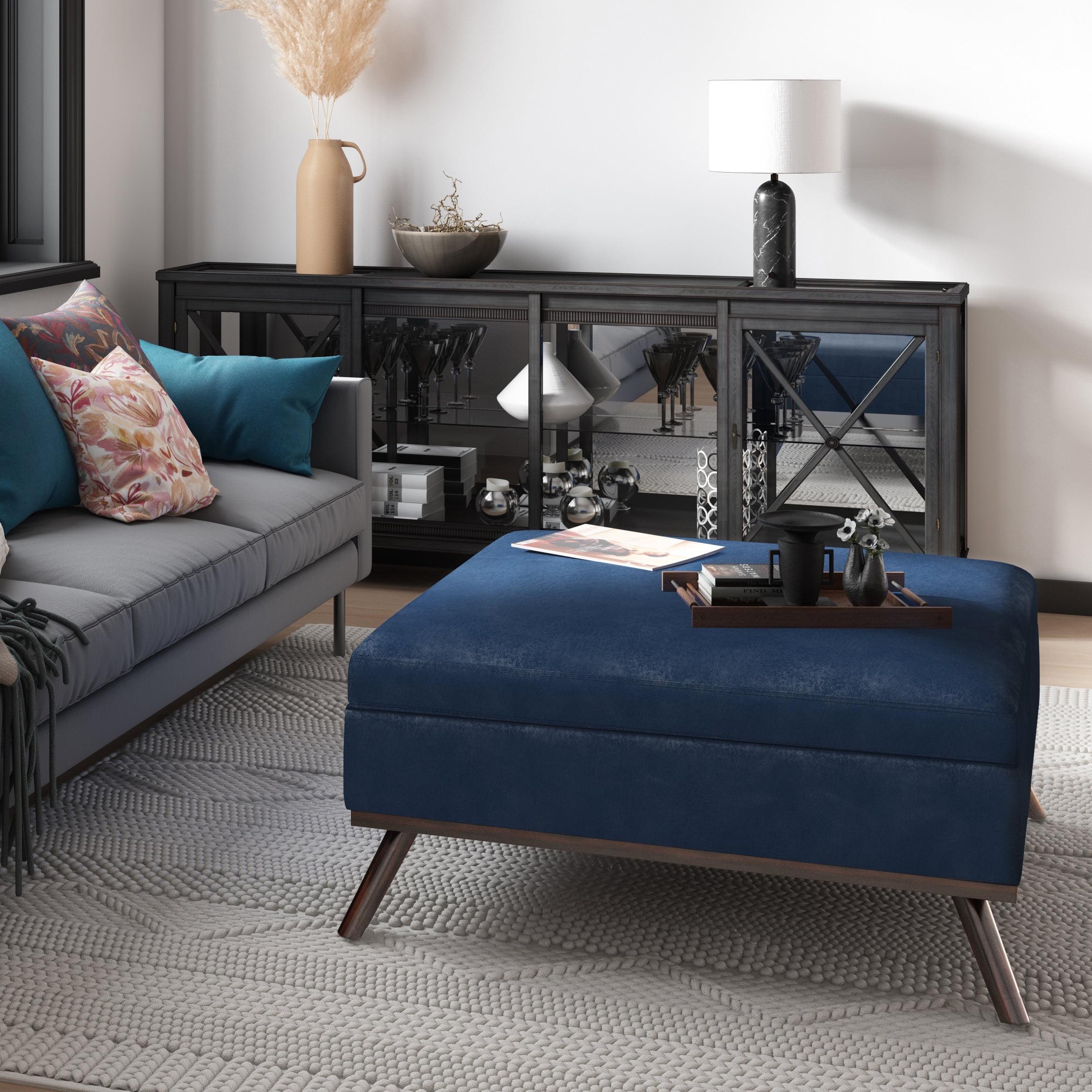 Simpli Home Owen 36"W Upholstered Square Coffee Table Storage Ottoman with Lift Top and Solid Wood Legs