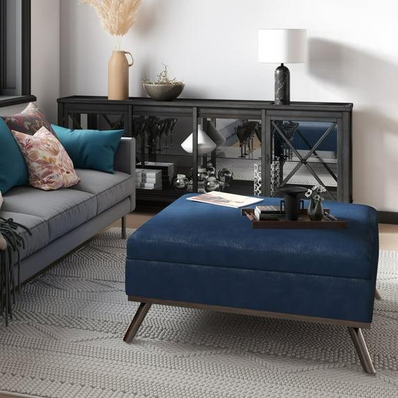 Simpli Home Owen 36"W Upholstered Square Coffee Table Storage Ottoman with Lift Top and Solid Wood Legs
