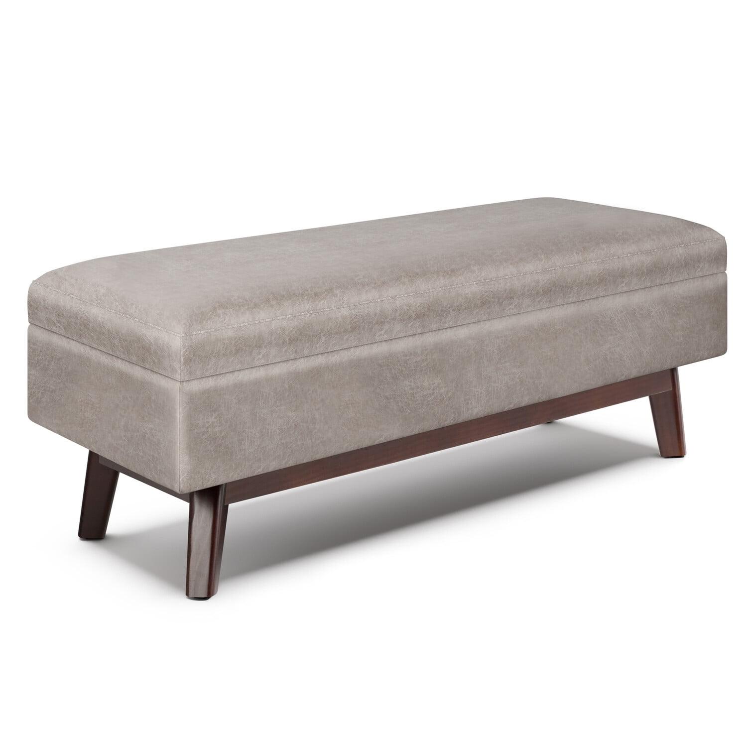 Simpli Home Owen 48" Faux Leather Storage Ottoman in Distressed Gray Taupe