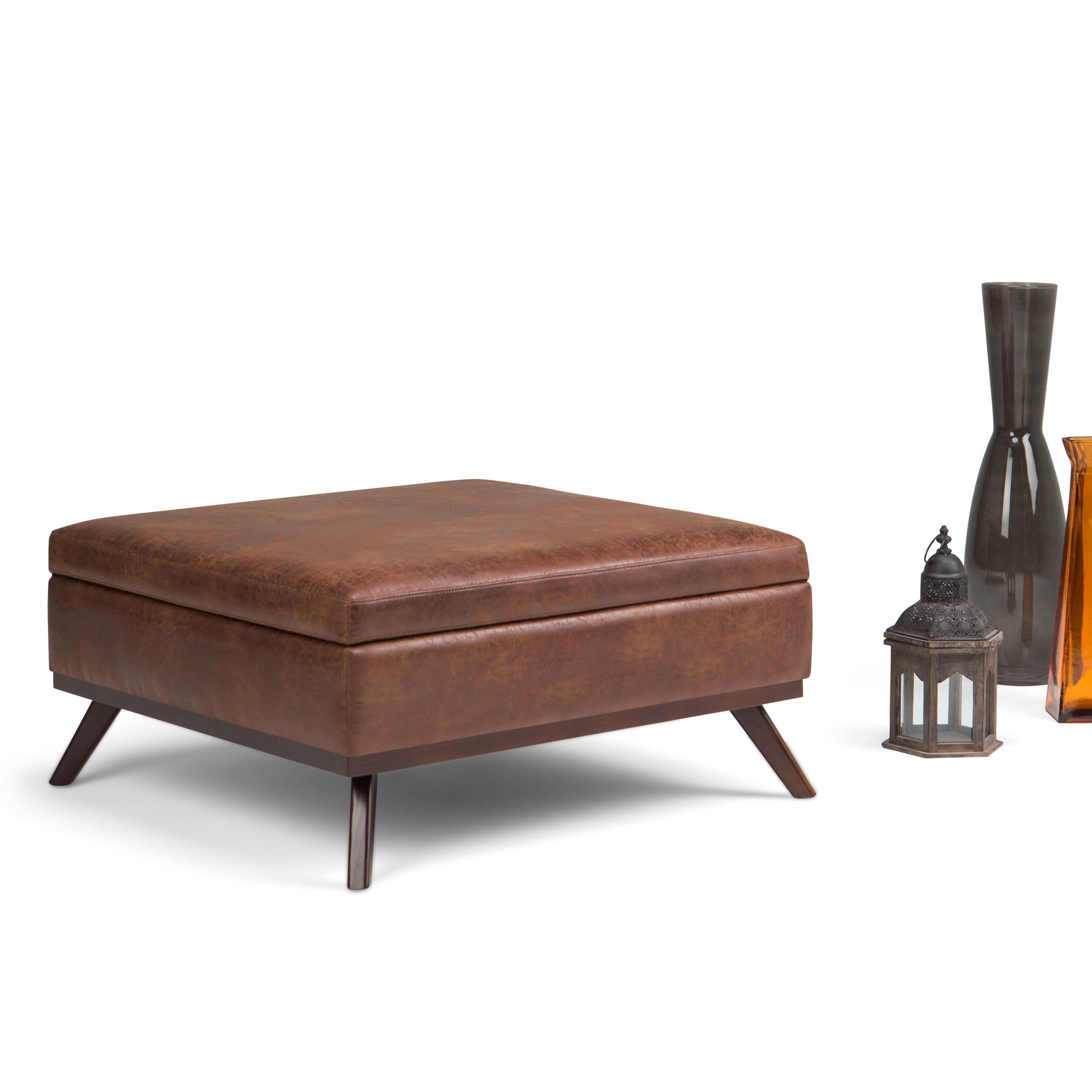 Simpli Home Owen 36"W Upholstered Square Coffee Table Storage Ottoman with Lift Top and Solid Wood Legs