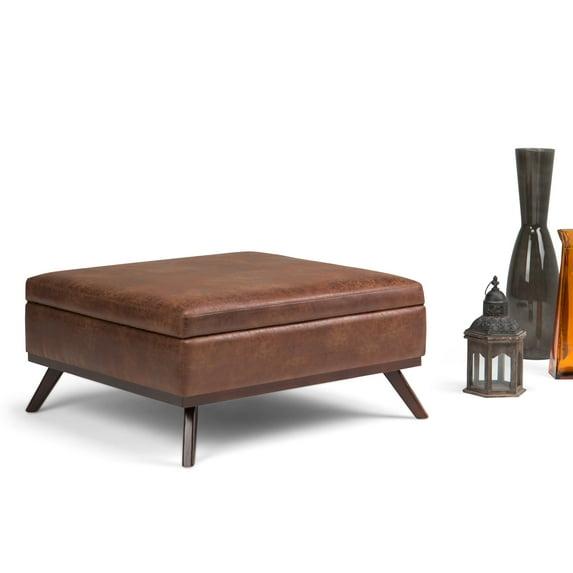 Simpli Home Owen 36"W Upholstered Square Coffee Table Storage Ottoman with Lift Top and Solid Wood Legs