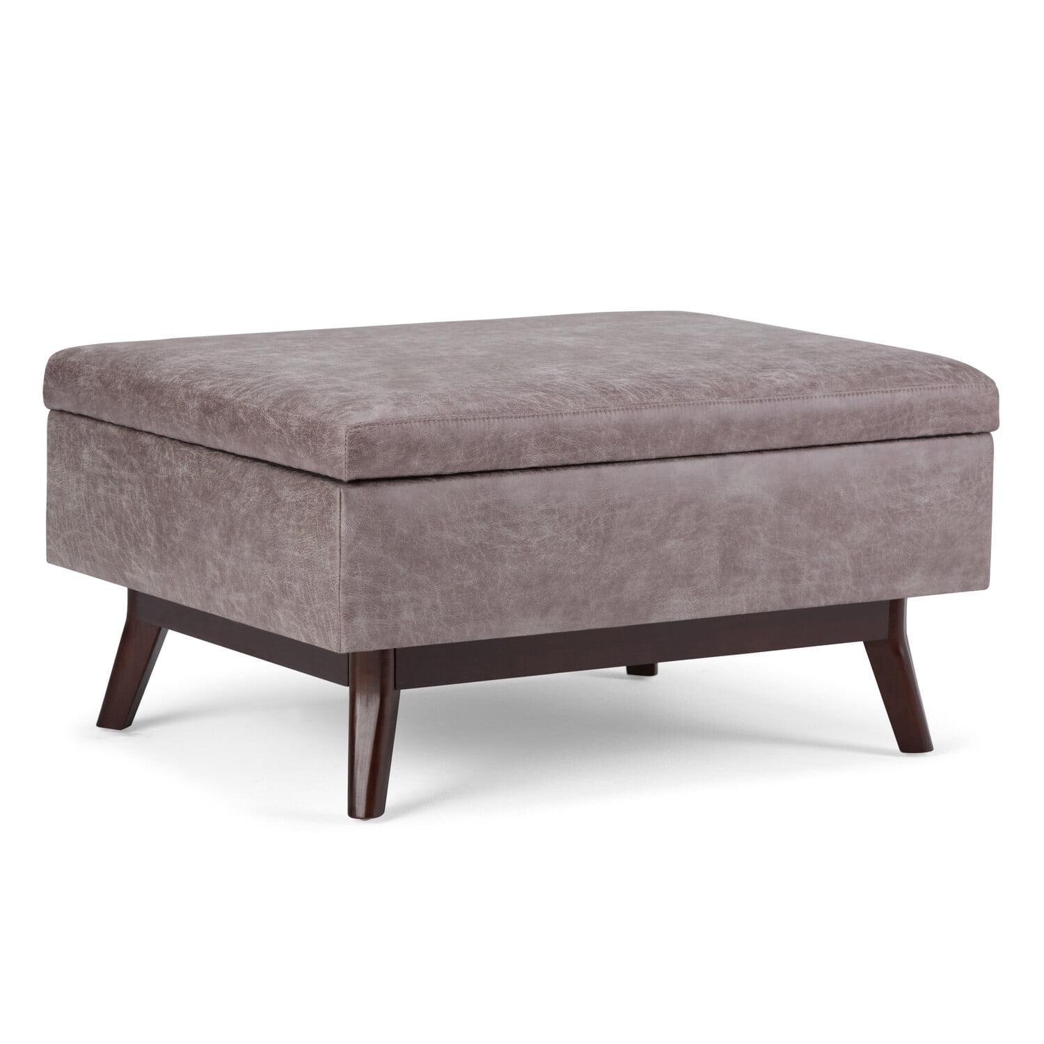 Simpli Home Owen 34 inch Wide Mid Century Modern Rectangle Tray Top Small Coffee Table Storage Ottoman in Distressed Grey Faux Leather