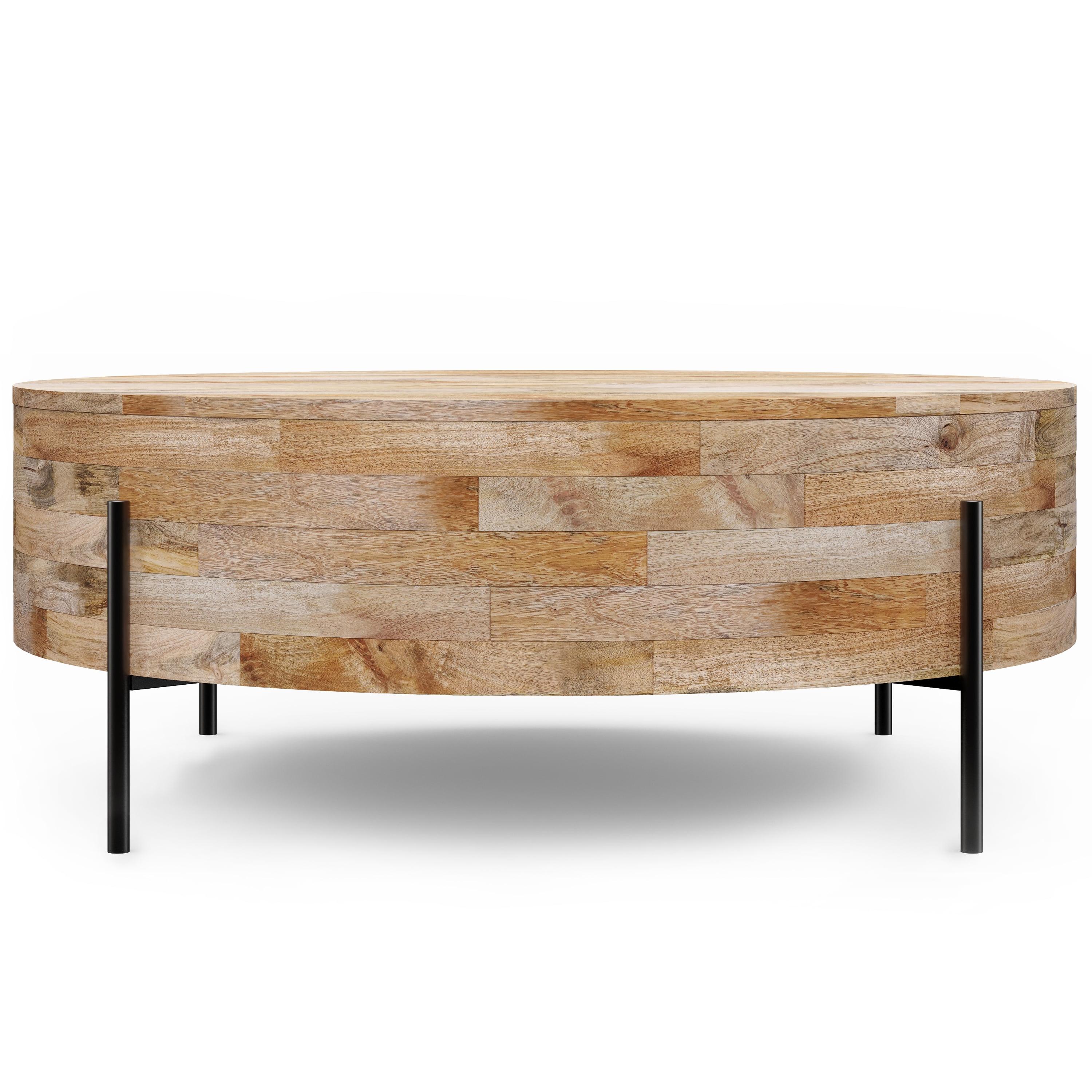 Simpli Home Rayburn SOLID MANGO WOOD 38 inch Wide Round Modern Industrial Drum Coffee Table in Natural