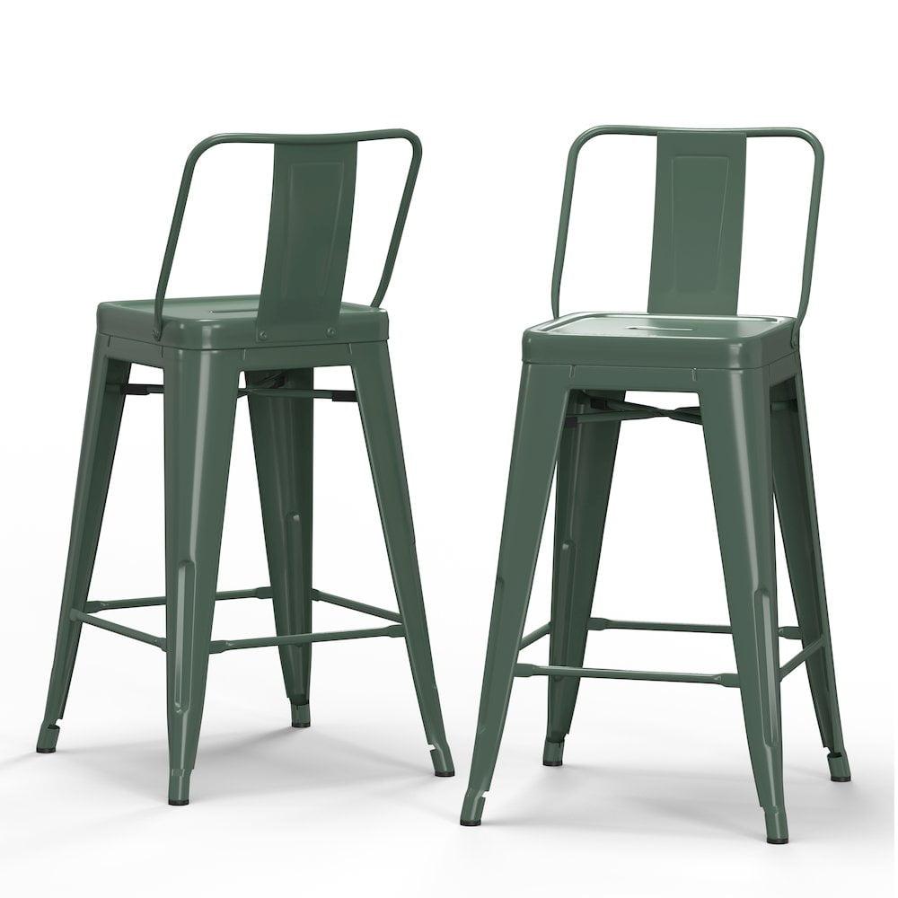 Simpli Home Rayne Metal Industrial Stool with Curved Back, Cross-Brace, and Footrest