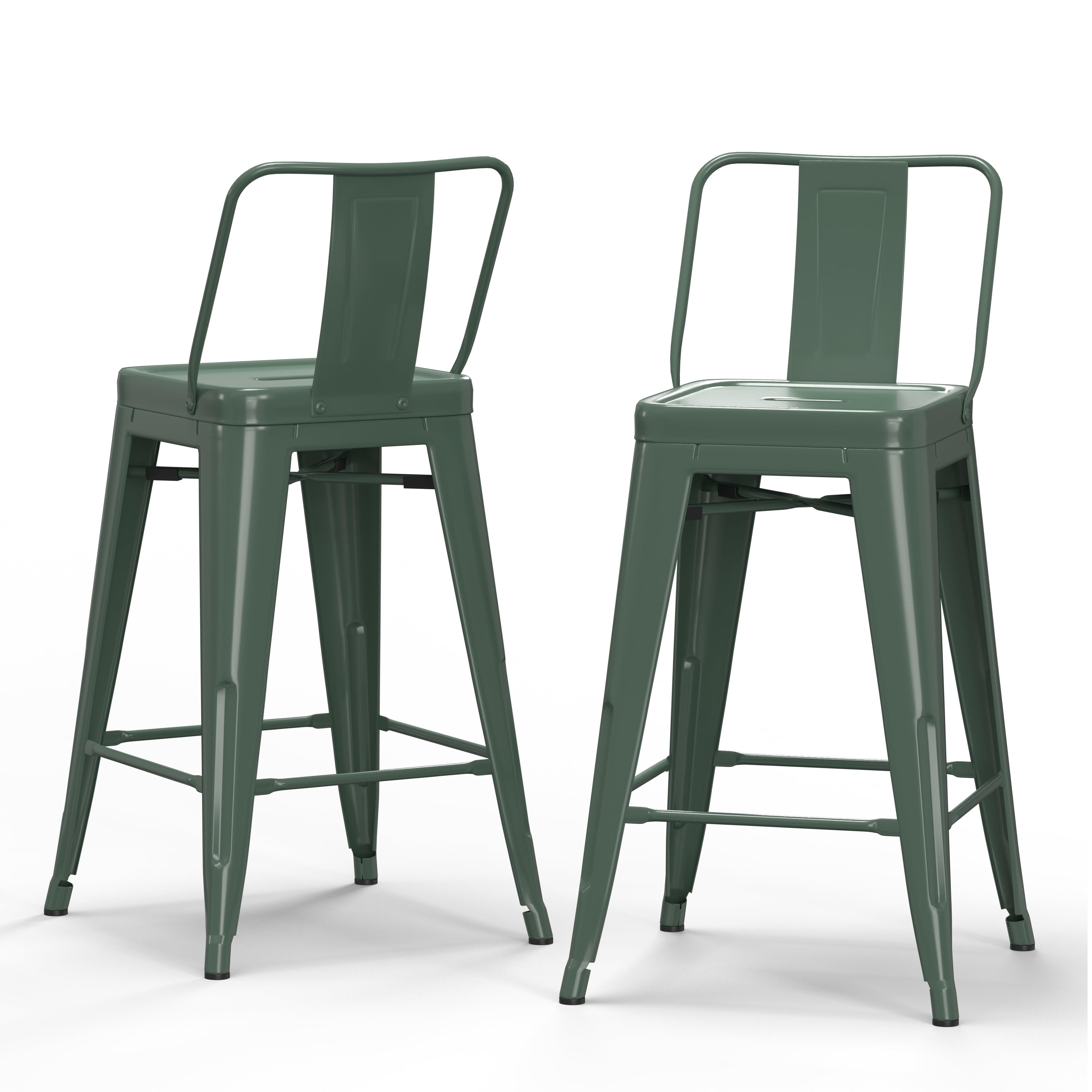 Simpli Home Rayne Metal Industrial Stool with Curved Back, Cross-Brace, and Footrest