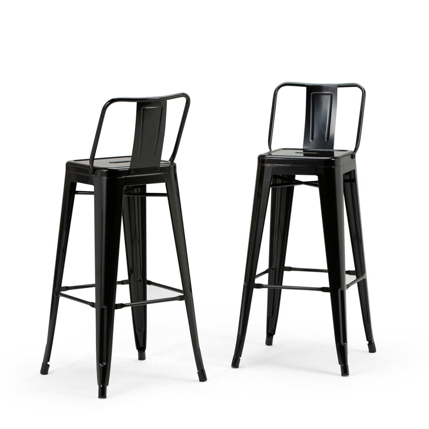 Simpli Home Rayne Metal Industrial Stool with Curved Back, Cross-Brace, and Footrest