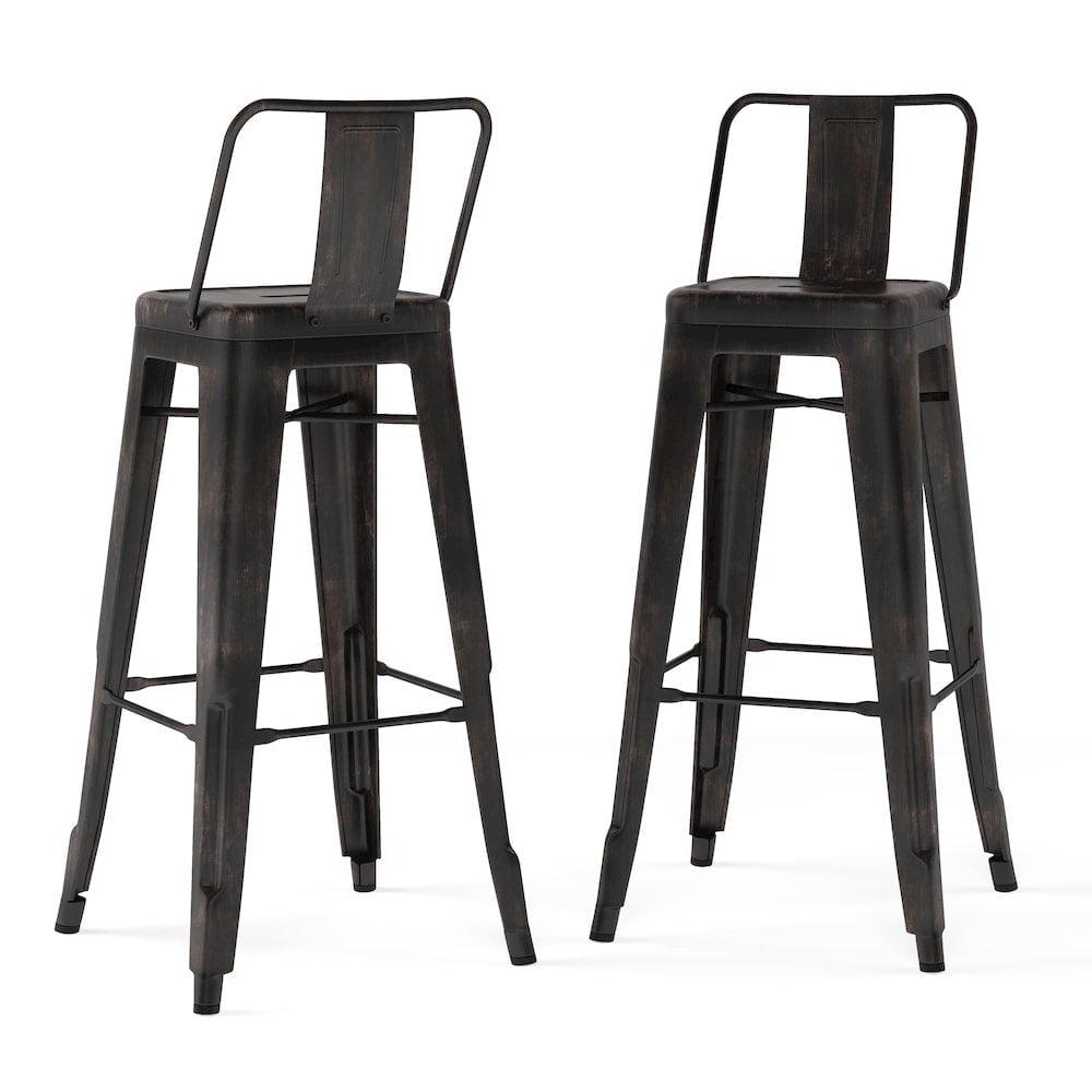 Simpli Home Rayne 30" Metal Bar Stool in Distressed Black (Set of 2)